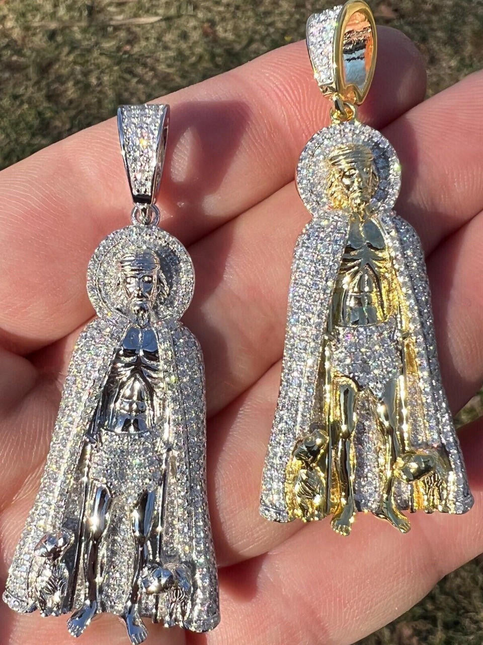 Iced Saint St Lazarus Pendant  - 14k Yellow Gold or 925 Silver - CZ Stones - Large 2.5"