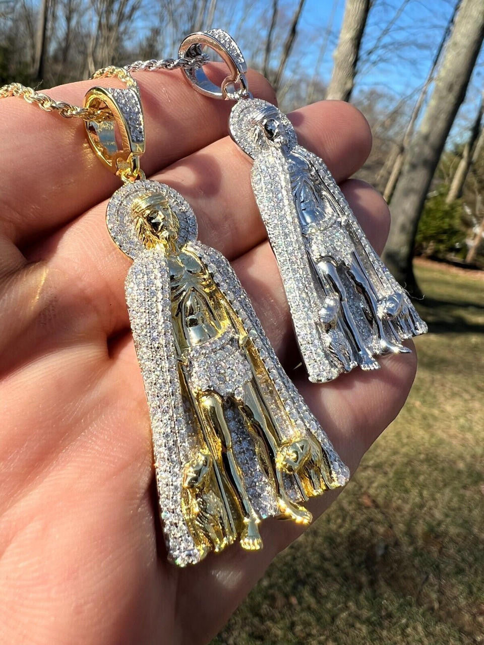 Iced Saint St Lazarus Pendant  - 14k Yellow Gold or 925 Silver - CZ Stones - Large 2.5"