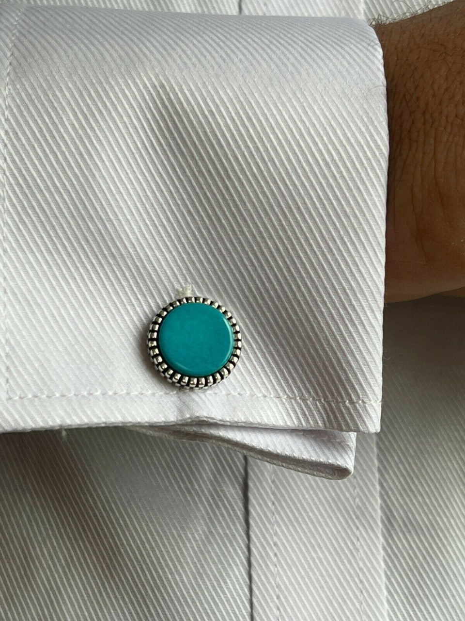 Cufflinks Round Classic - 925 Silver - Blue Turquoise Gemstone