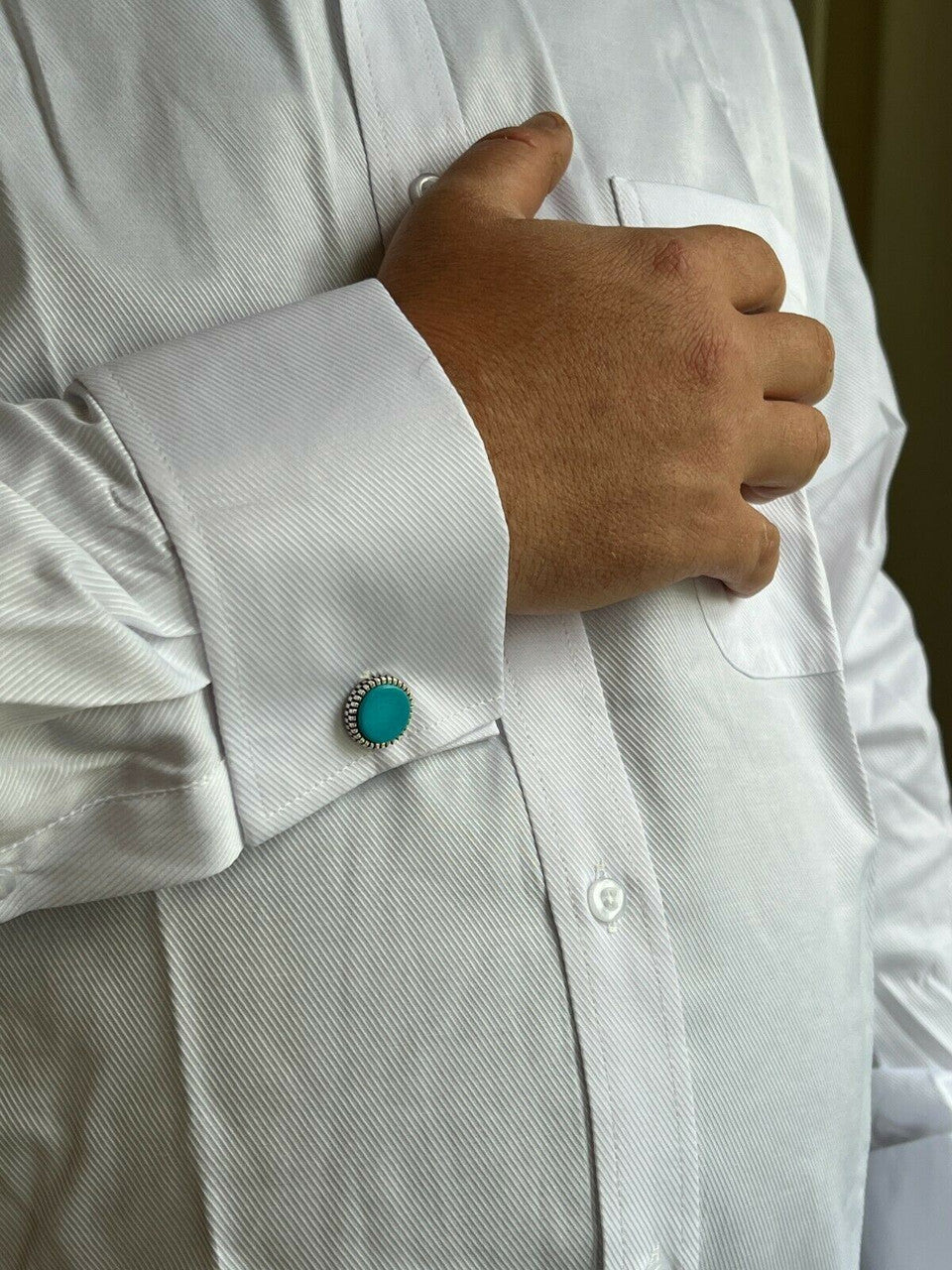 Cufflinks Round Classic - 925 Silver - Blue Turquoise Gemstone