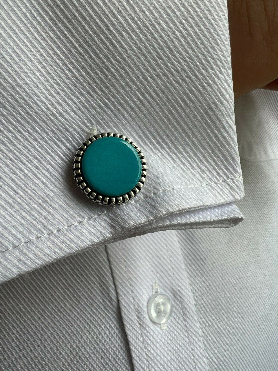 Cufflinks Round Classic - 925 Silver - Blue Turquoise Gemstone