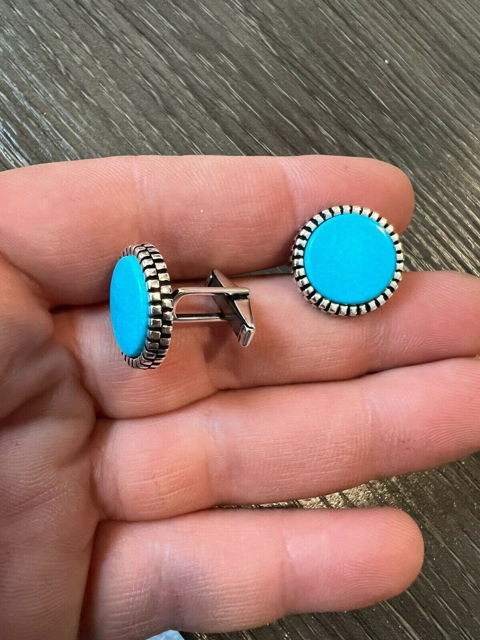 Cufflinks Round Classic - 925 Silver - Blue Turquoise Gemstone