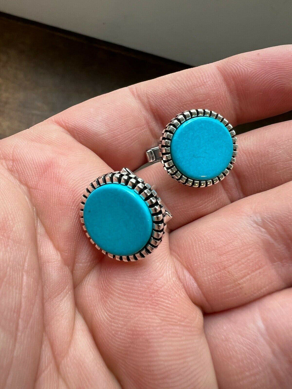 Cufflinks Round Classic - 925 Silver - Blue Turquoise Gemstone
