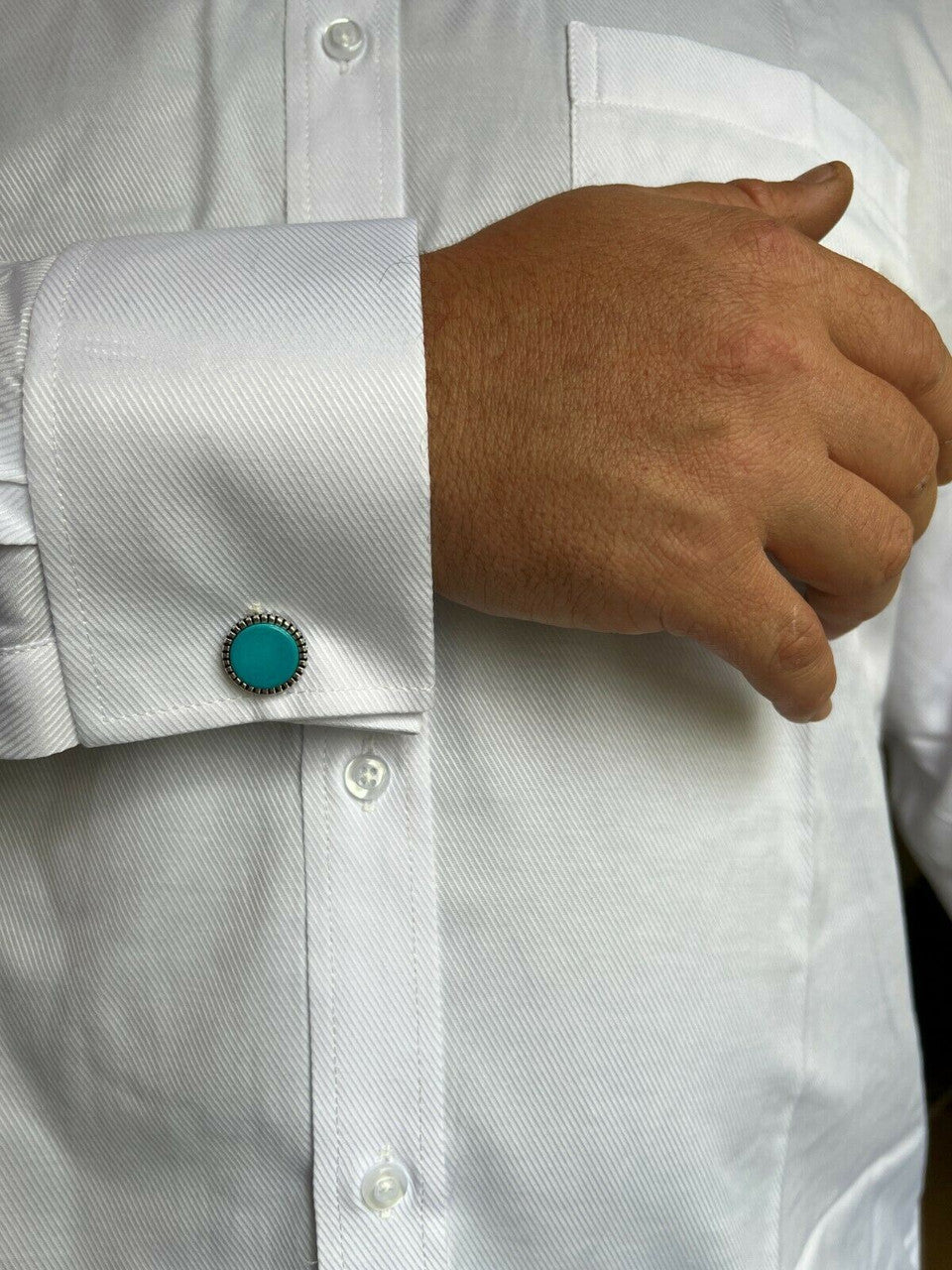 Cufflinks Round Classic - 925 Silver - Blue Turquoise Gemstone
