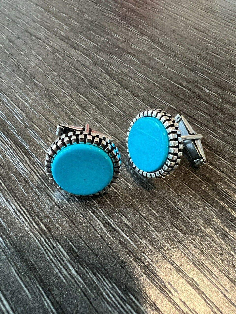 Cufflinks Round Classic - 925 Silver - Blue Turquoise Gemstone