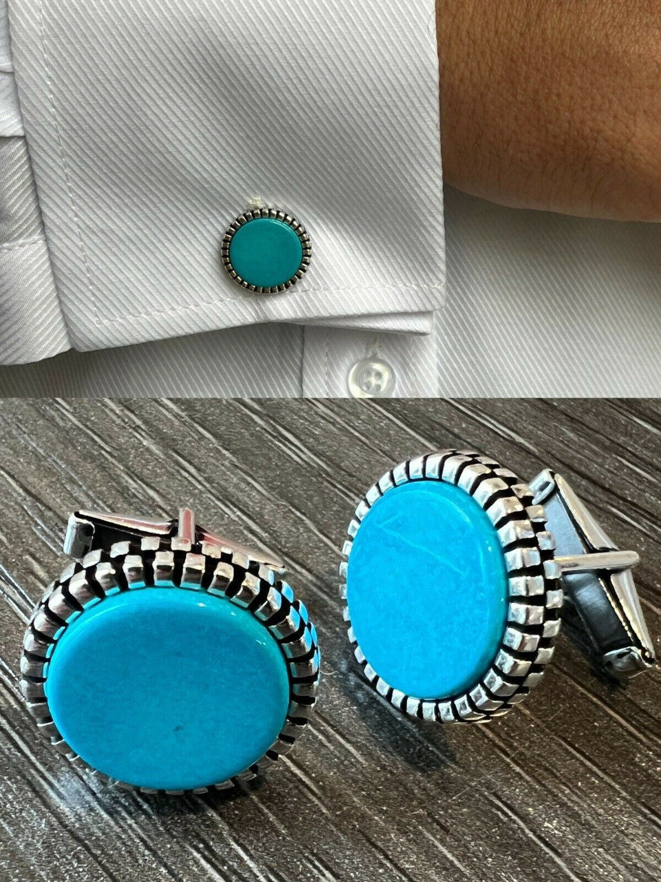 Cufflinks Round Classic - 925 Silver - Blue Turquoise Gemstone
