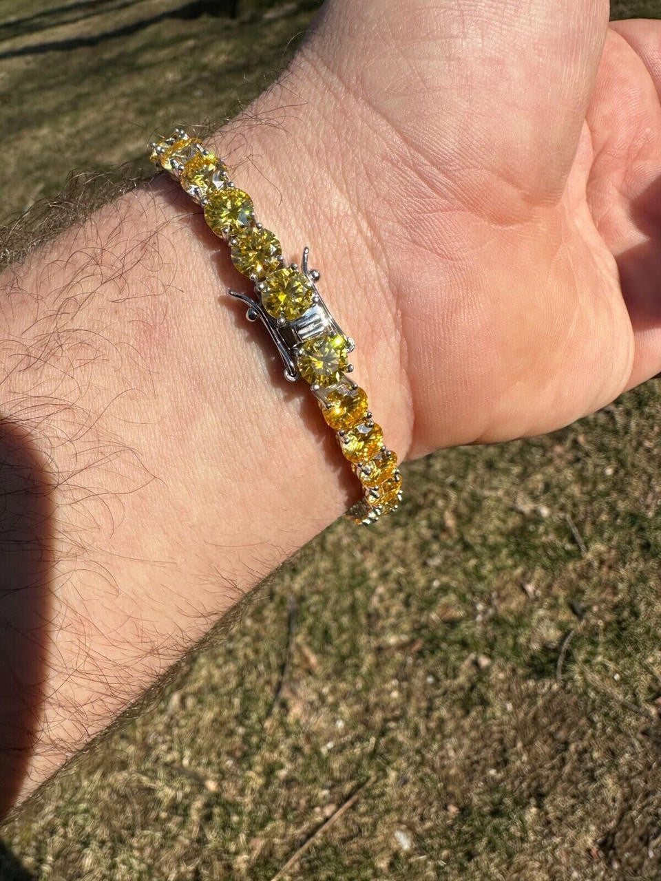 Real Iced Canary Yellow MOISSANITE 7mm Tennis Bracelet 925 Silver Diamond Tester