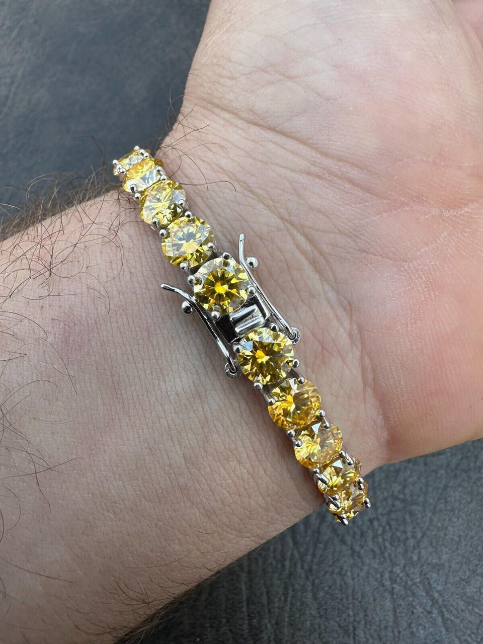 Real Iced Canary Yellow MOISSANITE 7mm Tennis Bracelet 925 Silver Diamond Tester