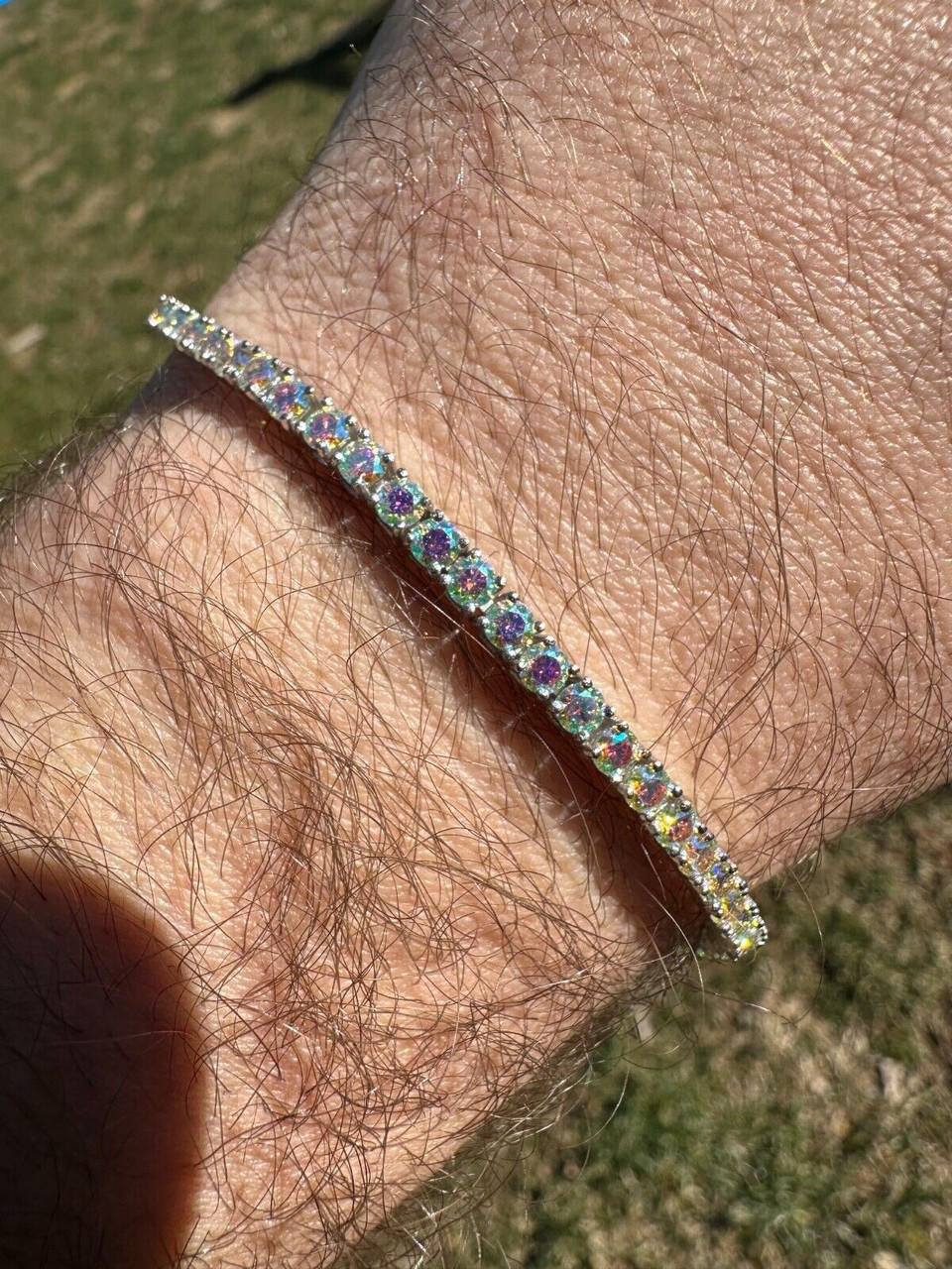 Real Iced Opal Rainbow MOISSANITE 3mm Tennis Bracelet 925 Silver Diamond Tester