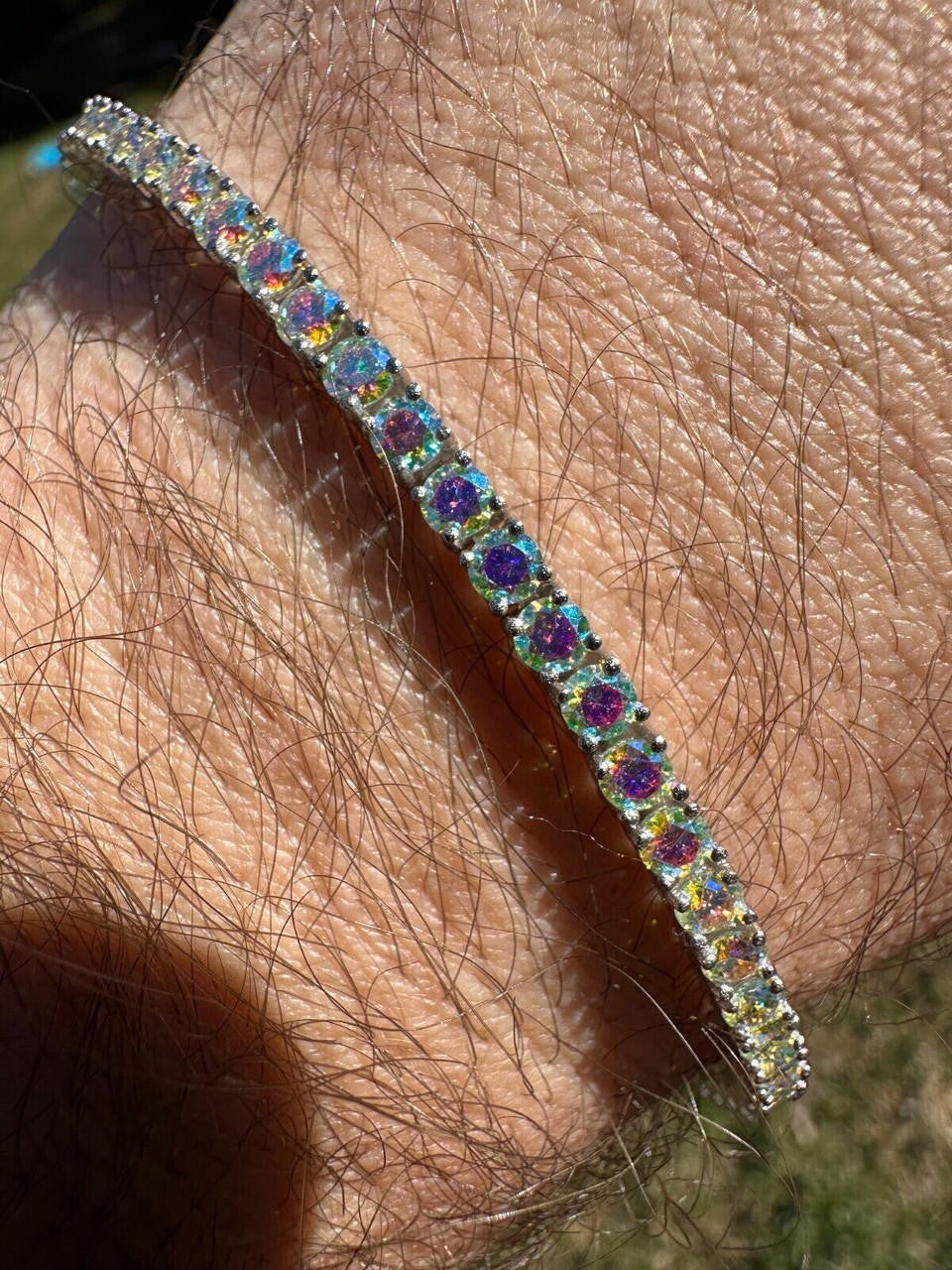 Real Iced Opal Rainbow MOISSANITE 3mm Tennis Bracelet 925 Silver Diamond Tester