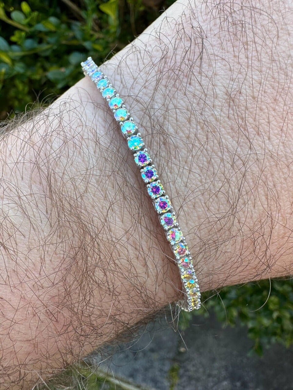 Real Iced Opal Rainbow MOISSANITE 3mm Tennis Bracelet 925 Silver Diamond Tester
