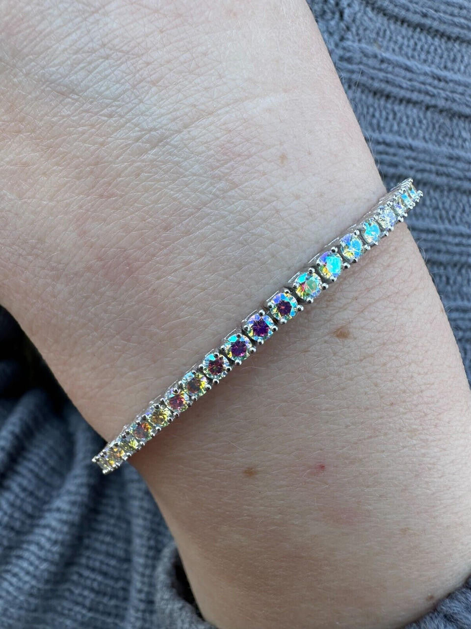 Real Iced Opal Rainbow MOISSANITE 3mm Tennis Bracelet 925 Silver Diamond Tester