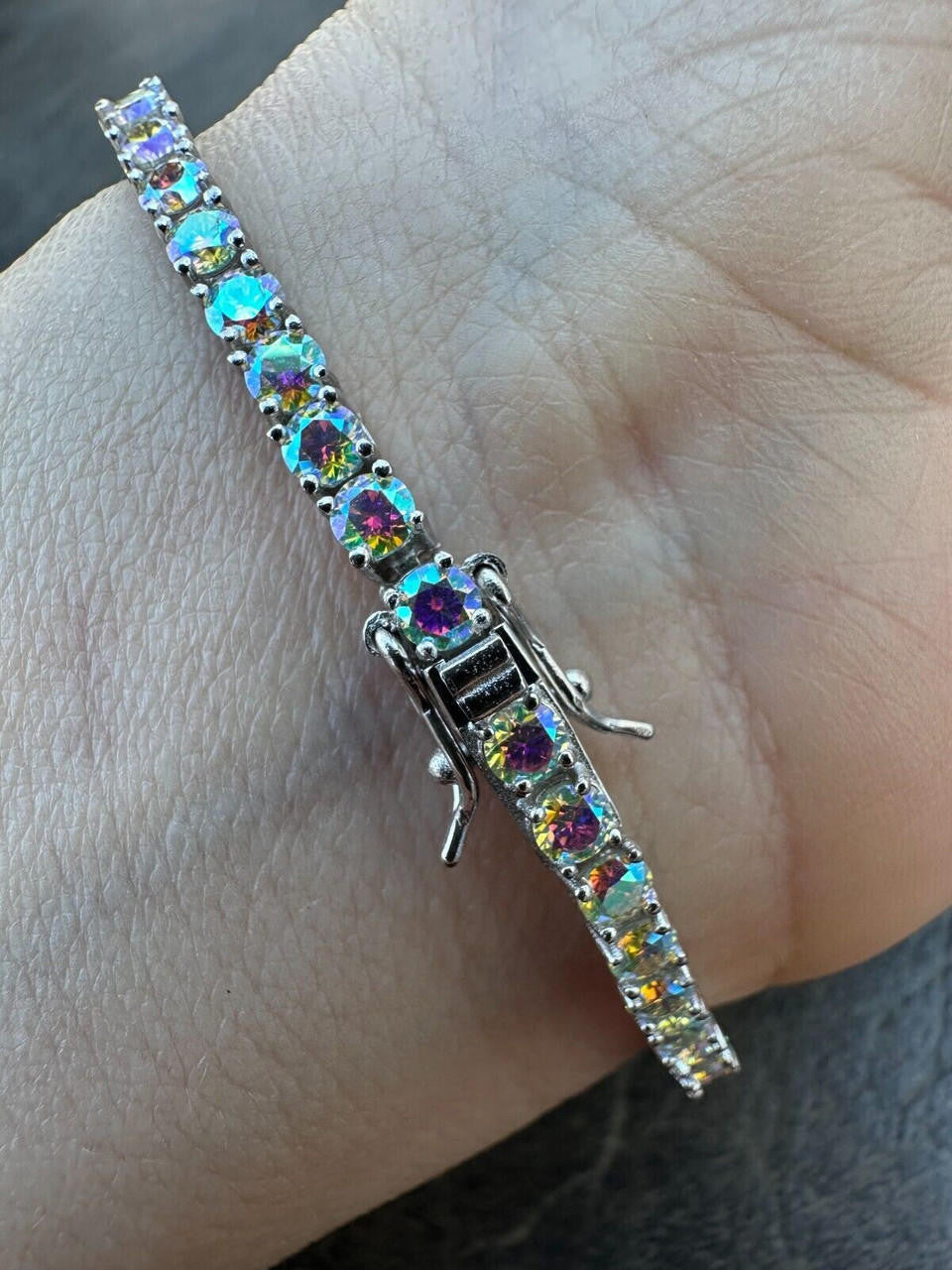Real Iced Opal Rainbow MOISSANITE 3mm Tennis Bracelet 925 Silver Diamond Tester
