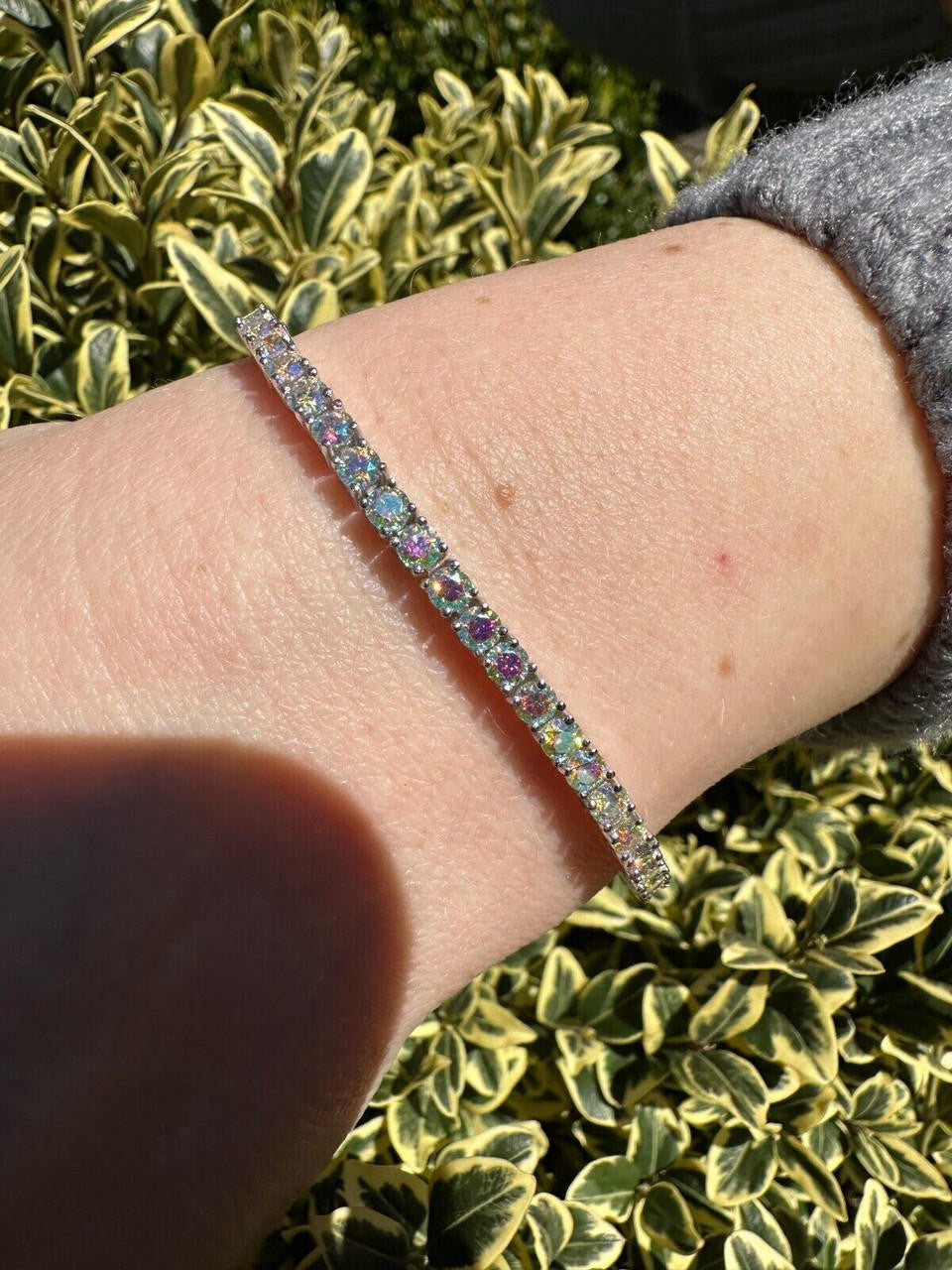Real Iced Opal Rainbow MOISSANITE 3mm Tennis Bracelet 925 Silver Diamond Tester