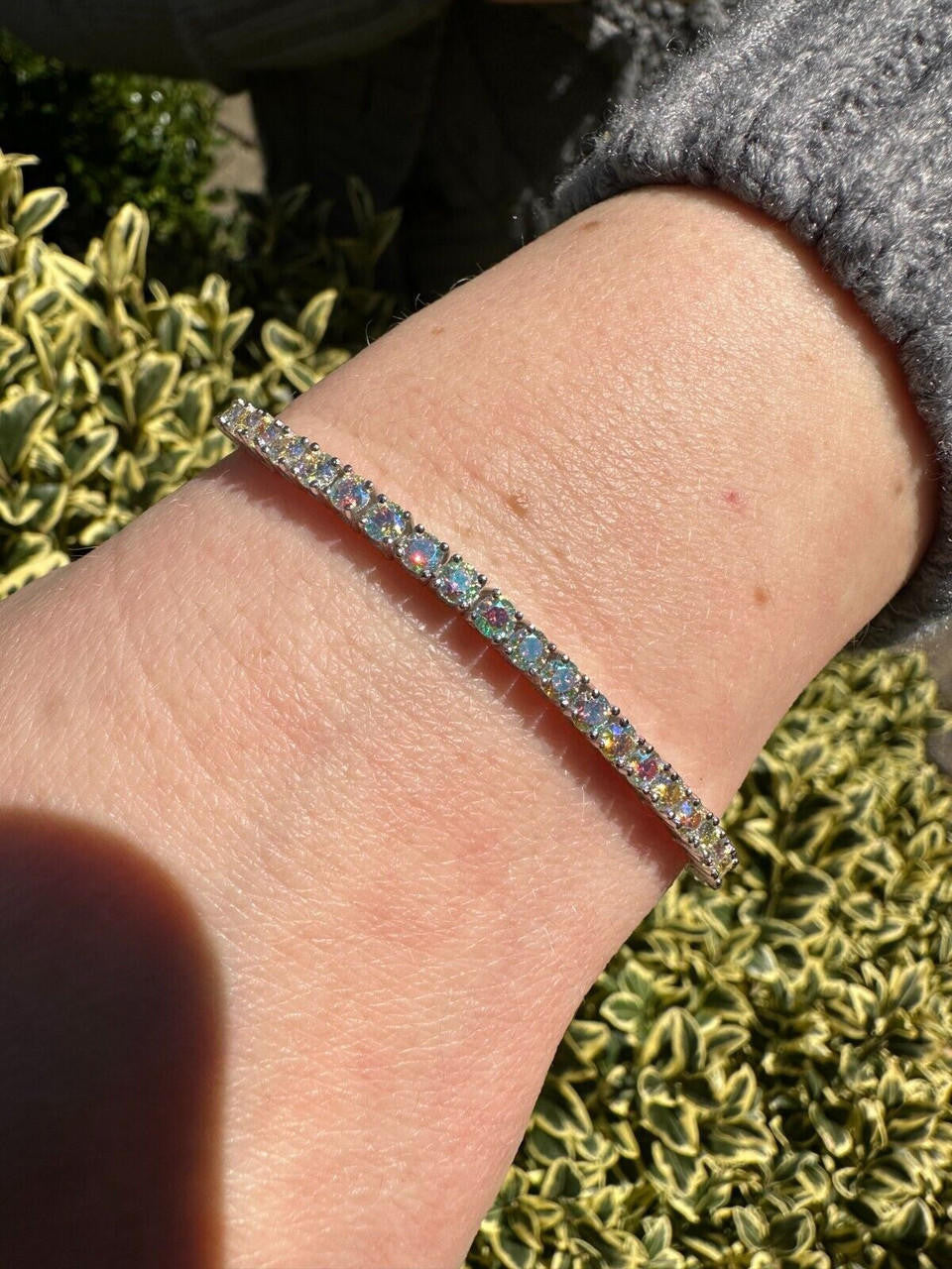 Real Iced Opal Rainbow MOISSANITE 3mm Tennis Bracelet 925 Silver Diamond Tester