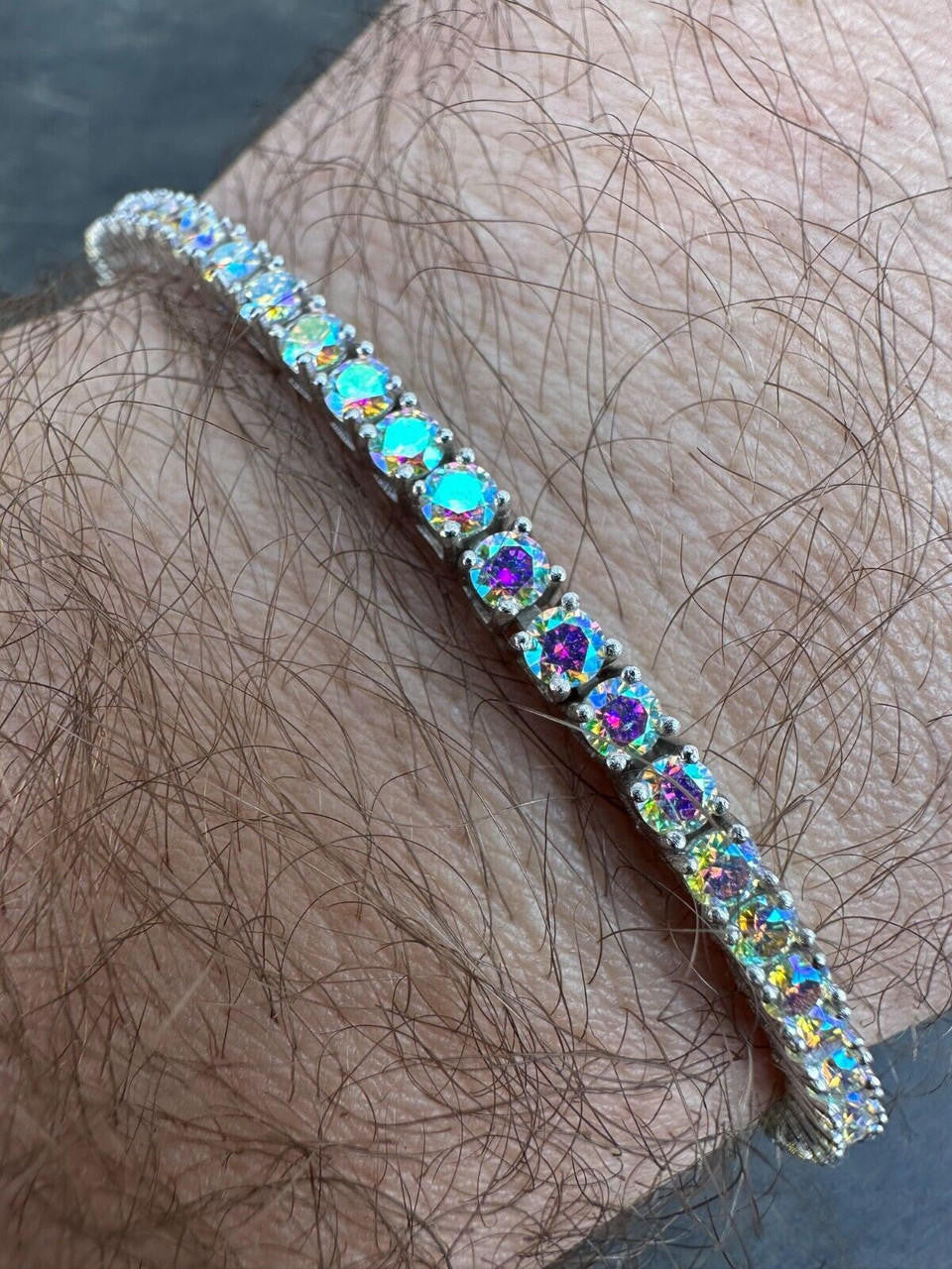 Real Iced Opal Rainbow MOISSANITE 3mm Tennis Bracelet 925 Silver Diamond Tester