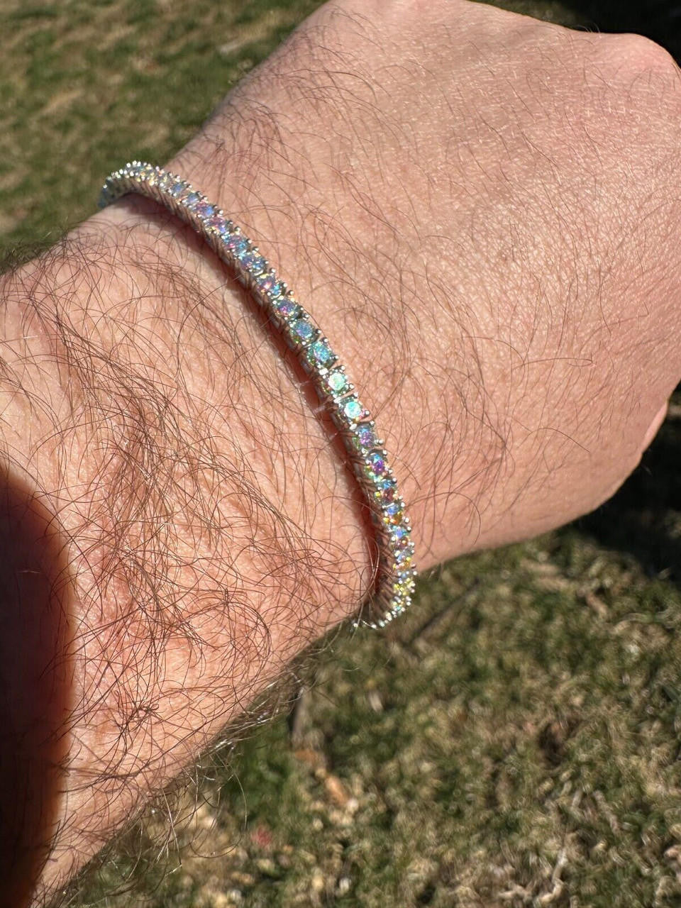 Real Iced Opal Rainbow MOISSANITE 3mm Tennis Bracelet 925 Silver Diamond Tester