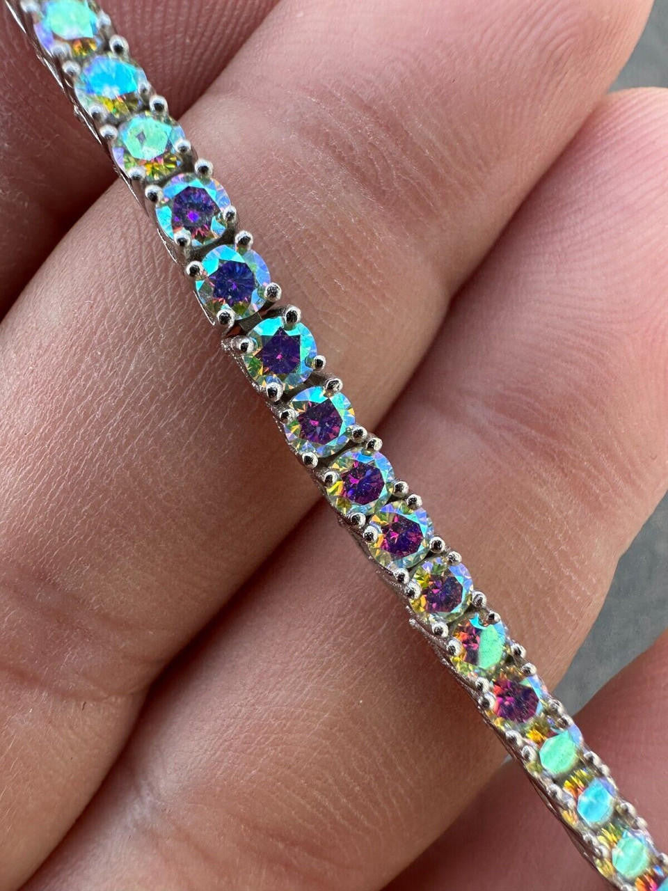 Real Iced Opal Rainbow MOISSANITE 3mm Tennis Bracelet 925 Silver Diamond Tester