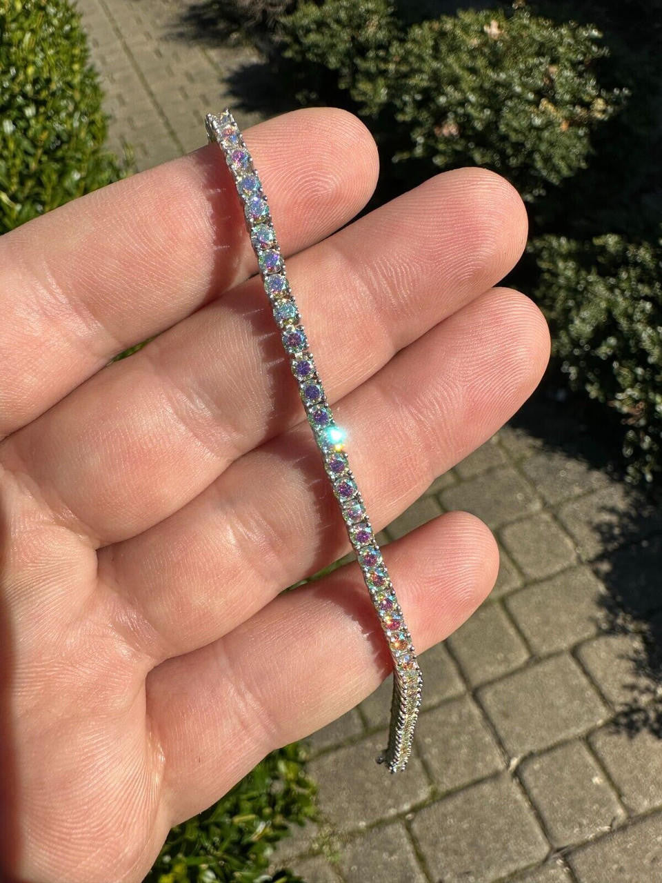 Real Iced Opal Rainbow MOISSANITE 3mm Tennis Bracelet 925 Silver Diamond Tester