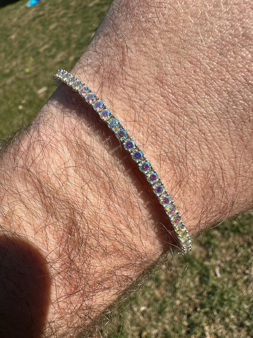 Real Iced Opal Rainbow MOISSANITE 3mm Tennis Bracelet 925 Silver Diamond Tester