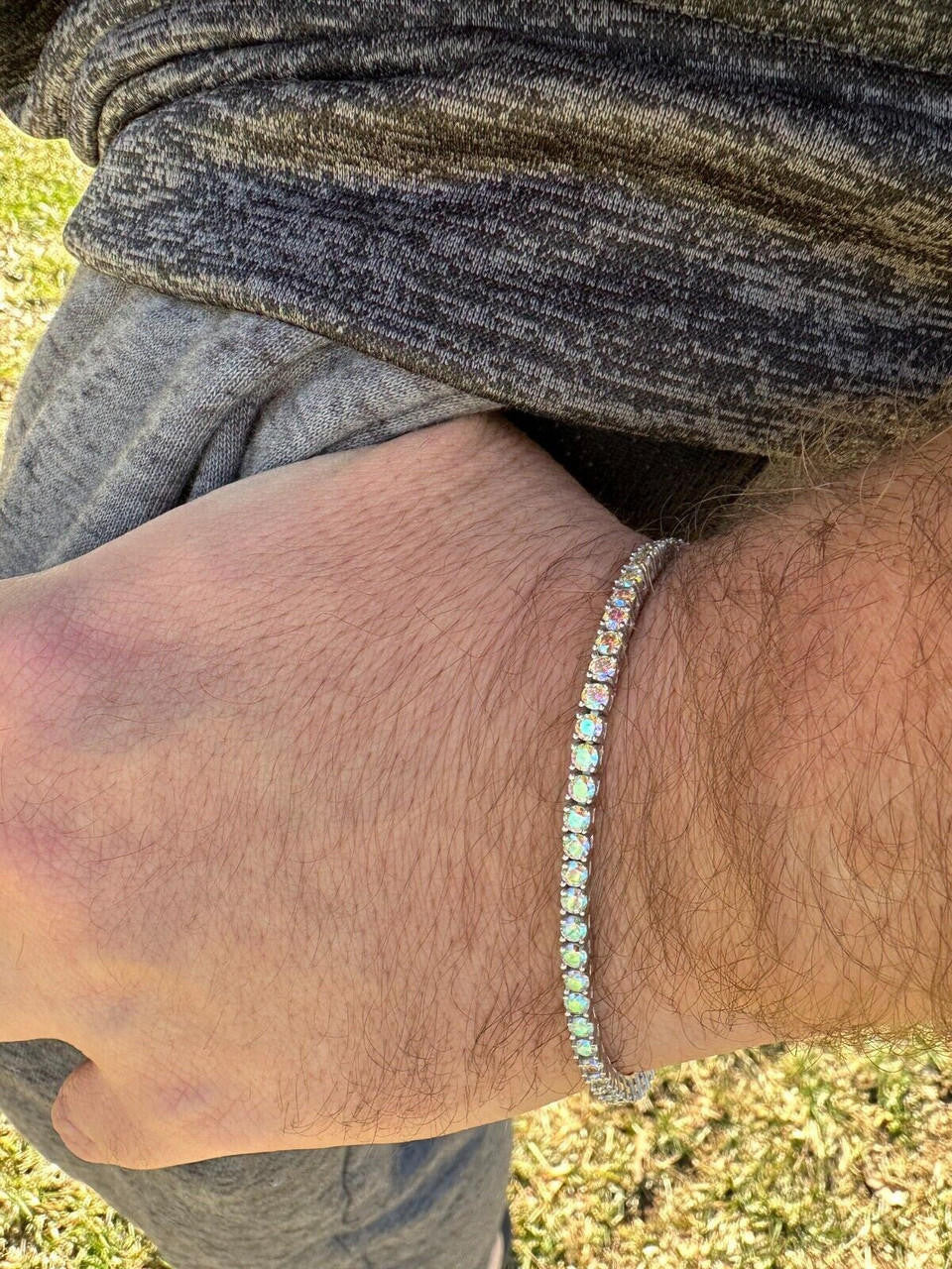 Real Iced Opal Rainbow MOISSANITE 3mm Tennis Bracelet 925 Silver Diamond Tester