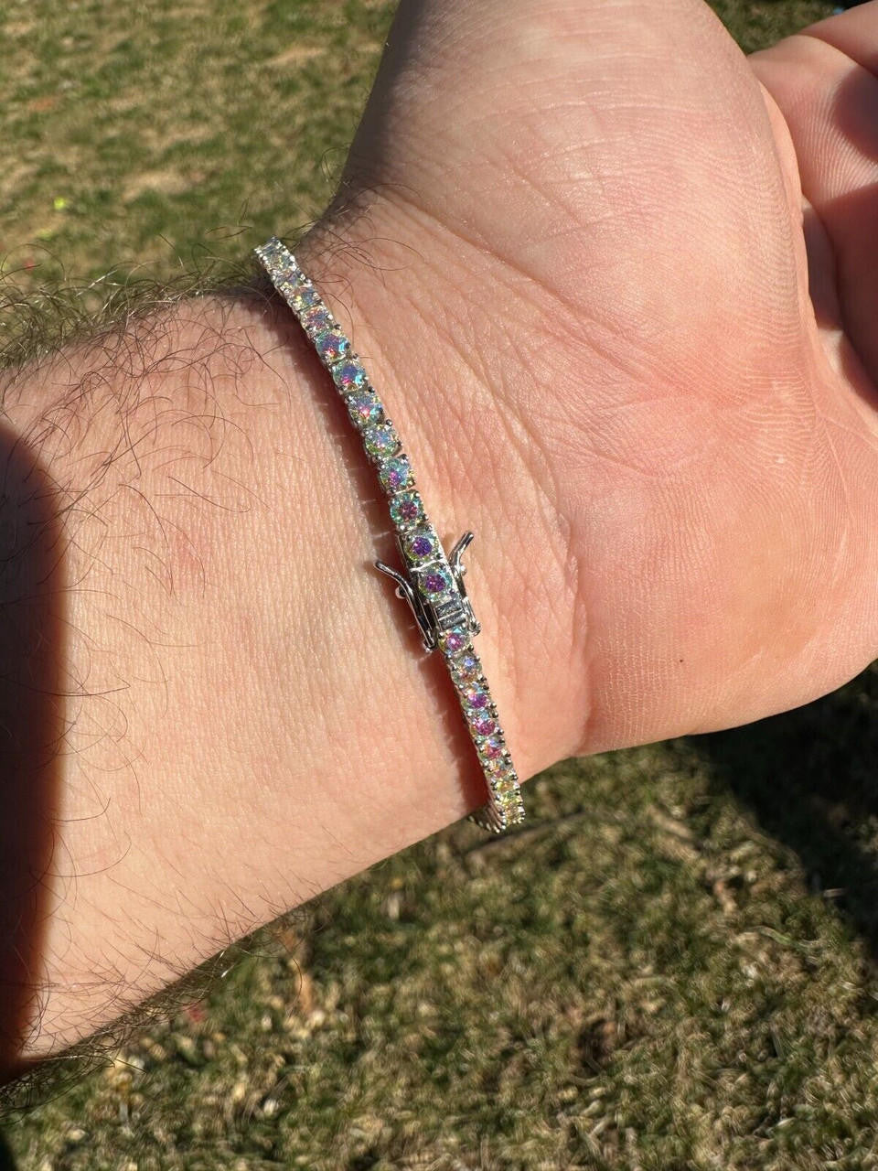 Real Iced Opal Rainbow MOISSANITE 3mm Tennis Bracelet 925 Silver Diamond Tester