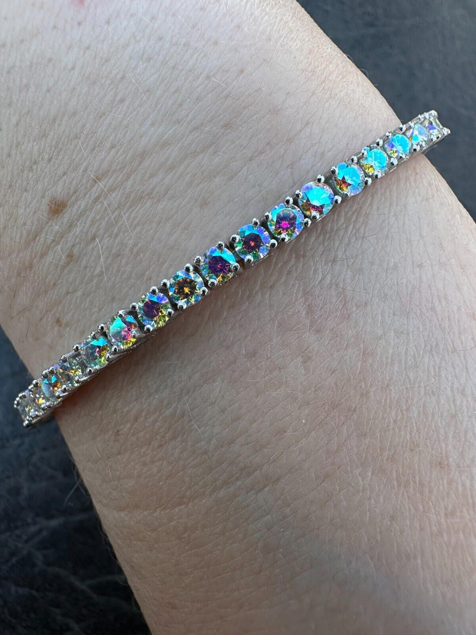 Real Iced Opal Rainbow MOISSANITE 3mm Tennis Bracelet 925 Silver Diamond Tester