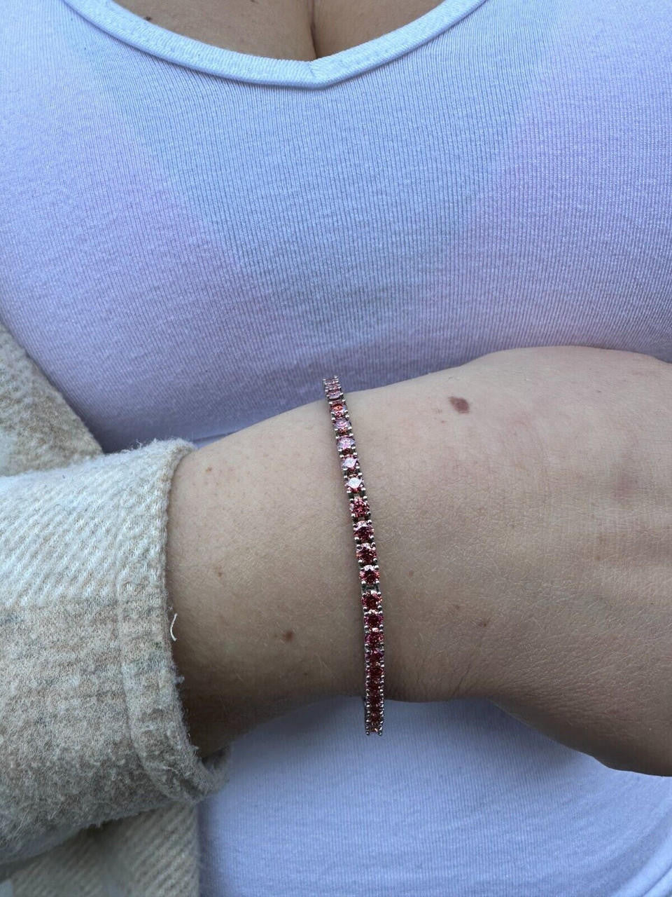 Real Iced Pink MOISSANITE 3mm Tennis Bracelet 925 Silver Pass Diamond Tester