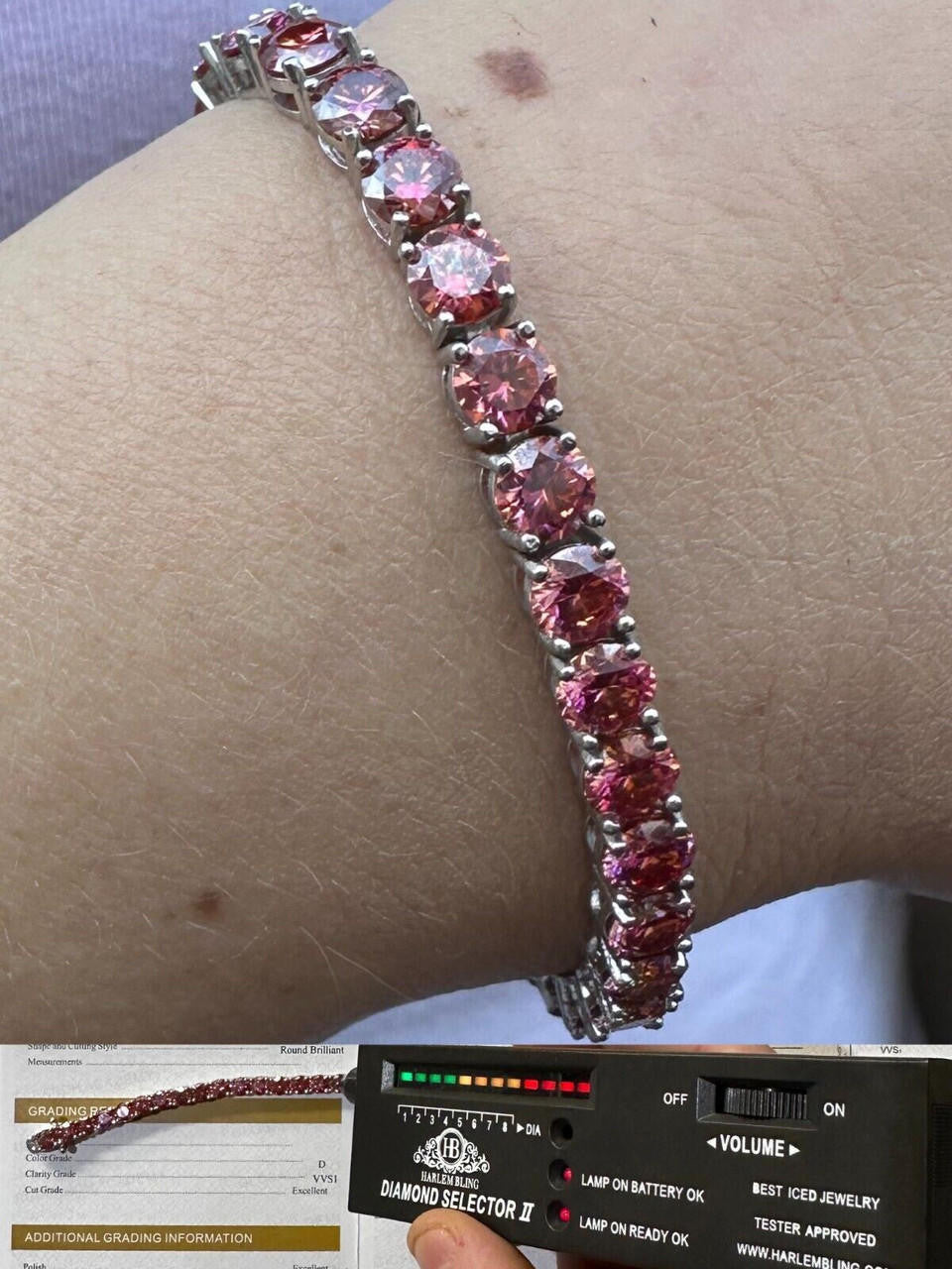 Real Iced Pink MOISSANITE 5mm Tennis Bracelet 925 Silver Pass Diamond Test