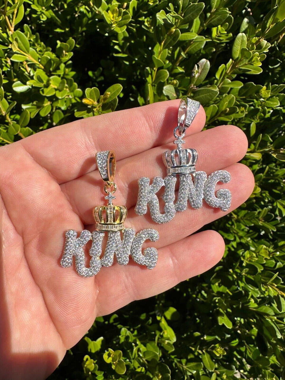 MOISSANITE King W. Crown Hip Hop Pendant - 14k Gold Vermeil Or 925 Silver - Medium 1.75"
