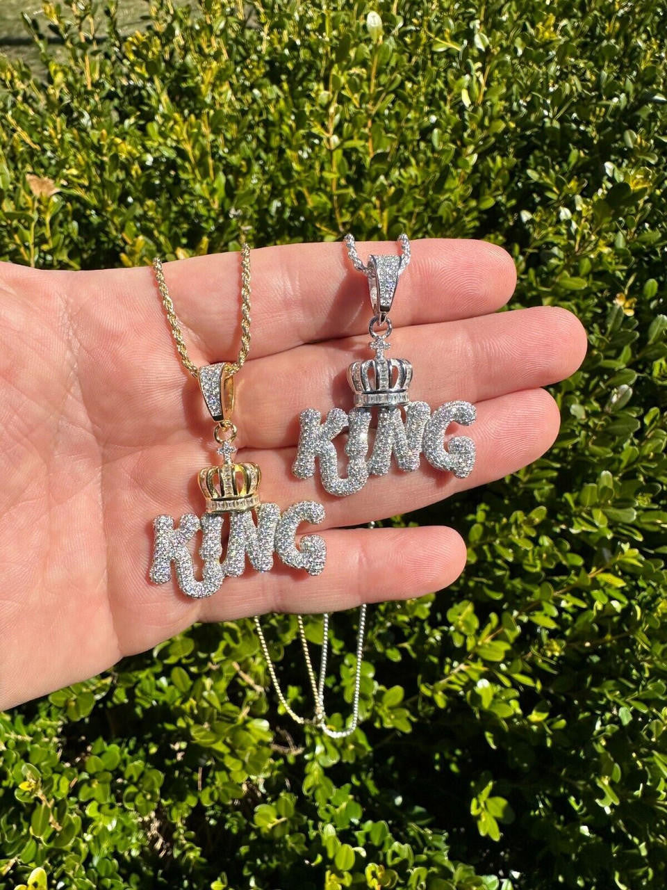 MOISSANITE King W. Crown Hip Hop Pendant - 14k Gold Vermeil Or 925 Silver - Medium 1.75"