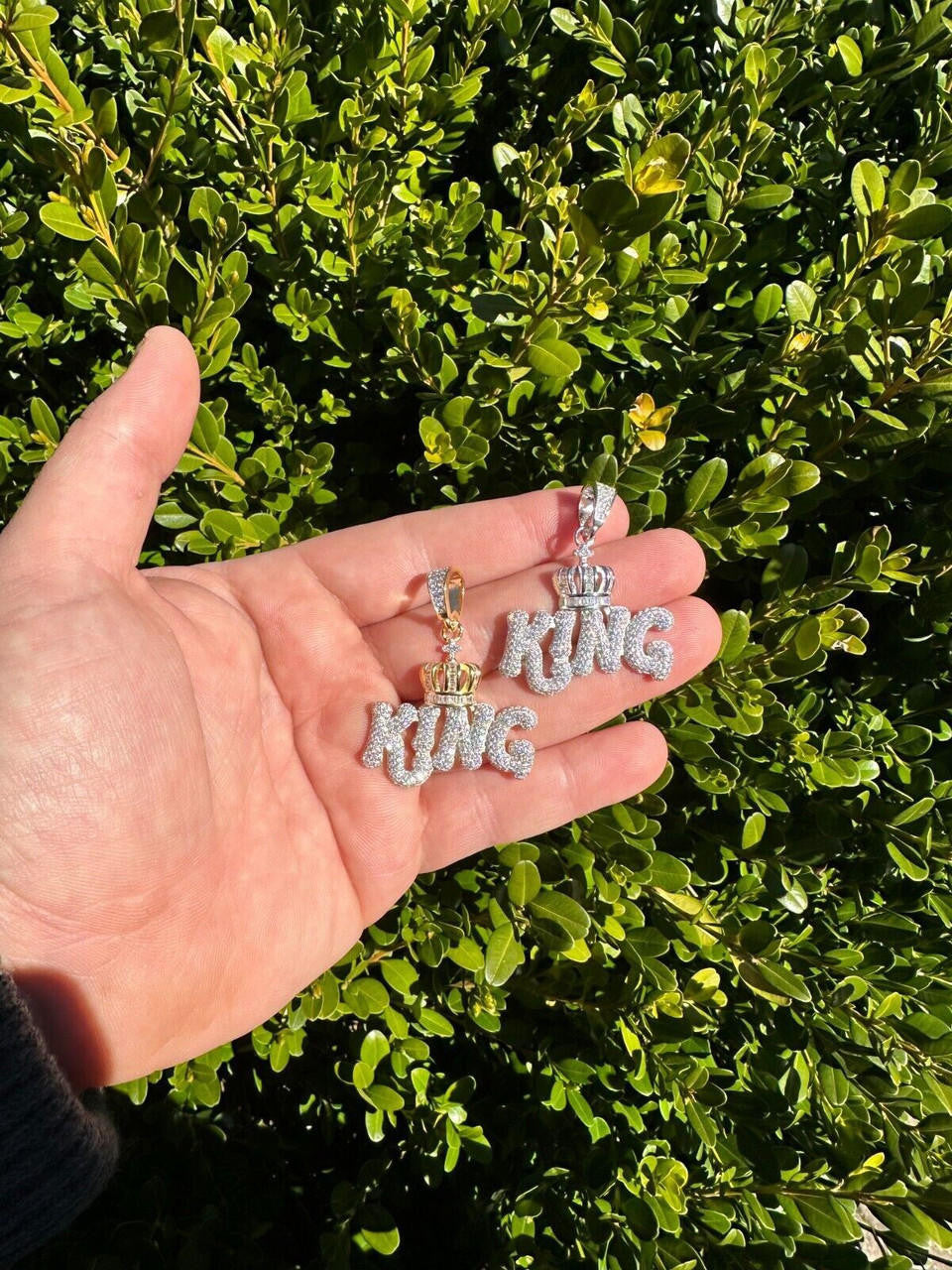 MOISSANITE King W. Crown Hip Hop Pendant - 14k Gold Vermeil Or 925 Silver - Medium 1.75"