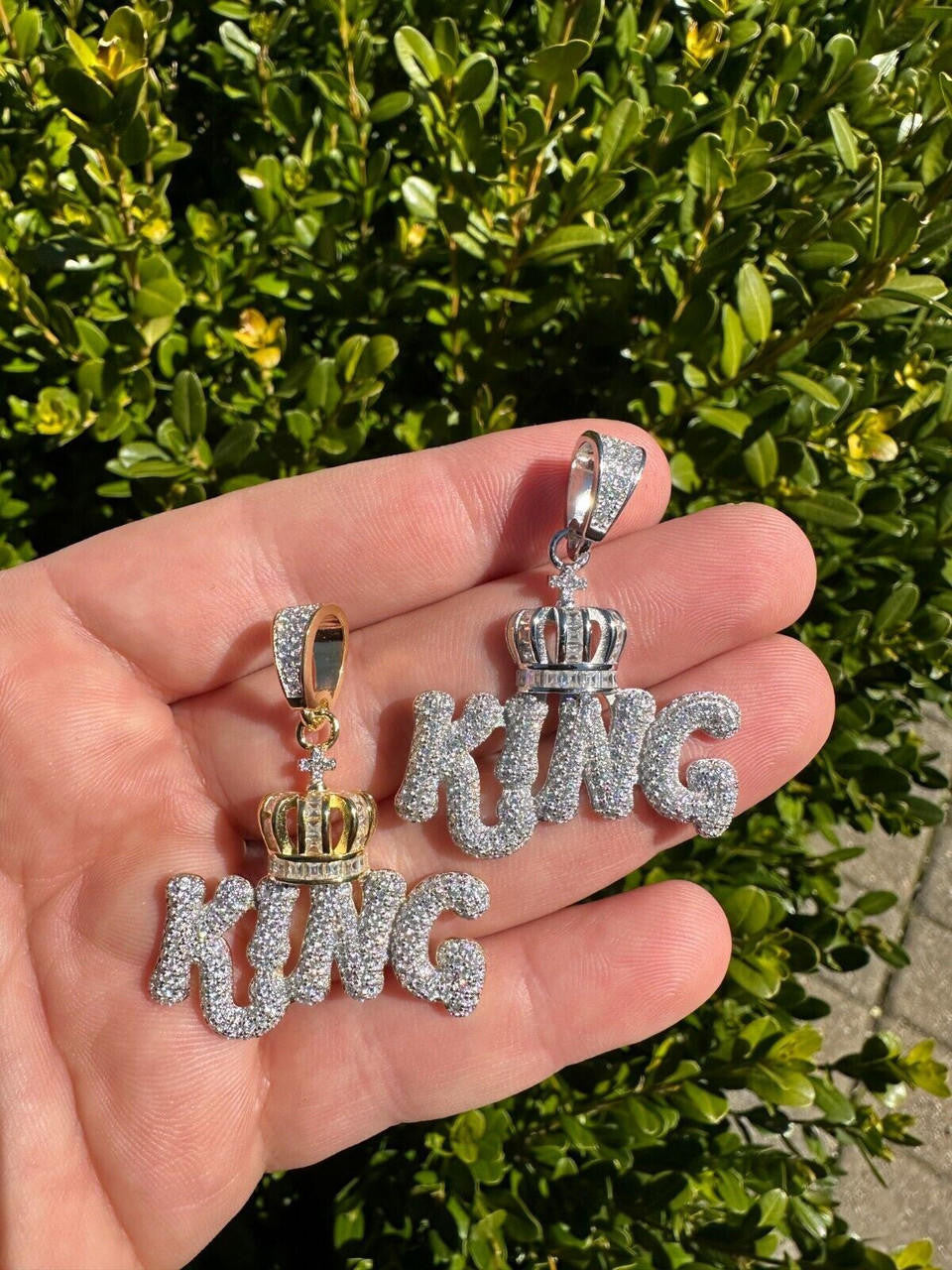 MOISSANITE King W. Crown Hip Hop Pendant - 14k Gold Vermeil Or 925 Silver - Medium 1.75"