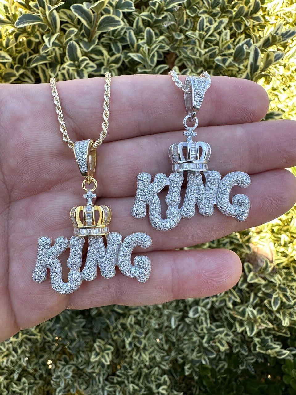 MOISSANITE King W. Crown Hip Hop Pendant - 14k Gold Vermeil Or 925 Silver - Medium 1.75"