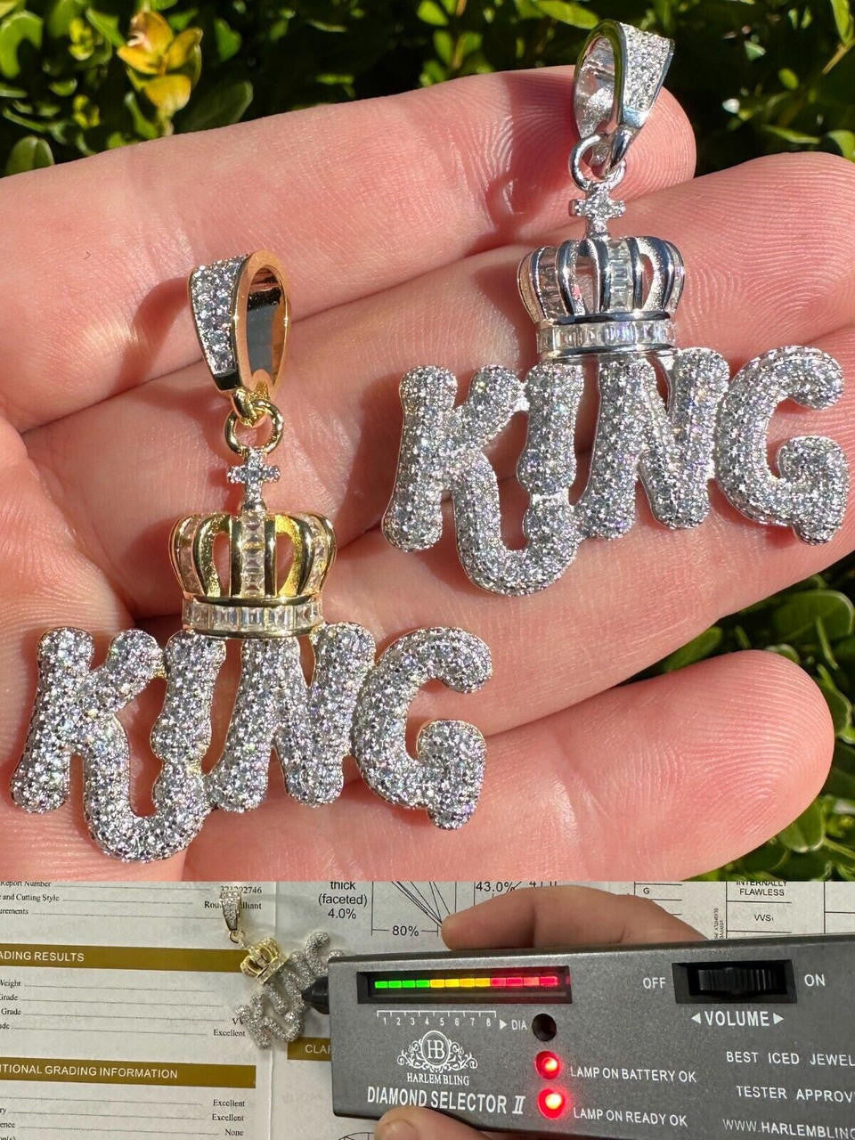 MOISSANITE King W. Crown Hip Hop Pendant - 14k Gold Vermeil Or 925 Silver - Medium 1.75"