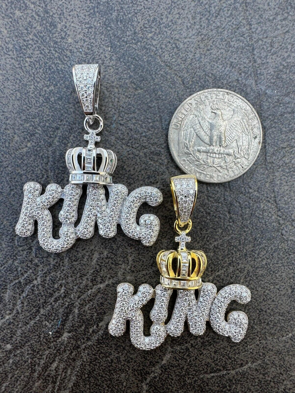 MOISSANITE King W. Crown Hip Hop Pendant - 14k Gold Vermeil Or 925 Silver - Medium 1.75"