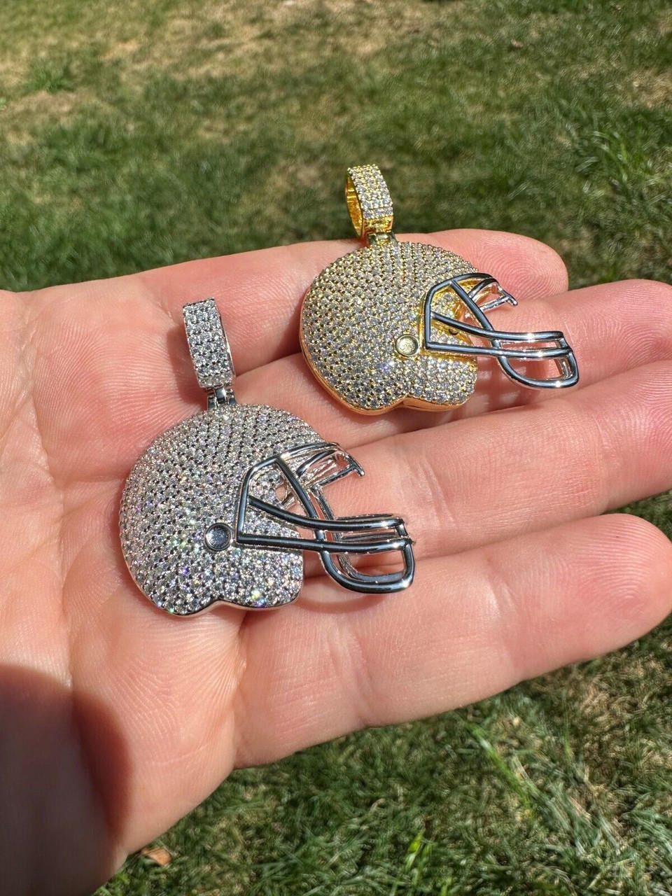 MOISSANITE Football Helmet Iced Out Pendant - 14k Gold Vermeil Or 925 Silver - Small 1.5"