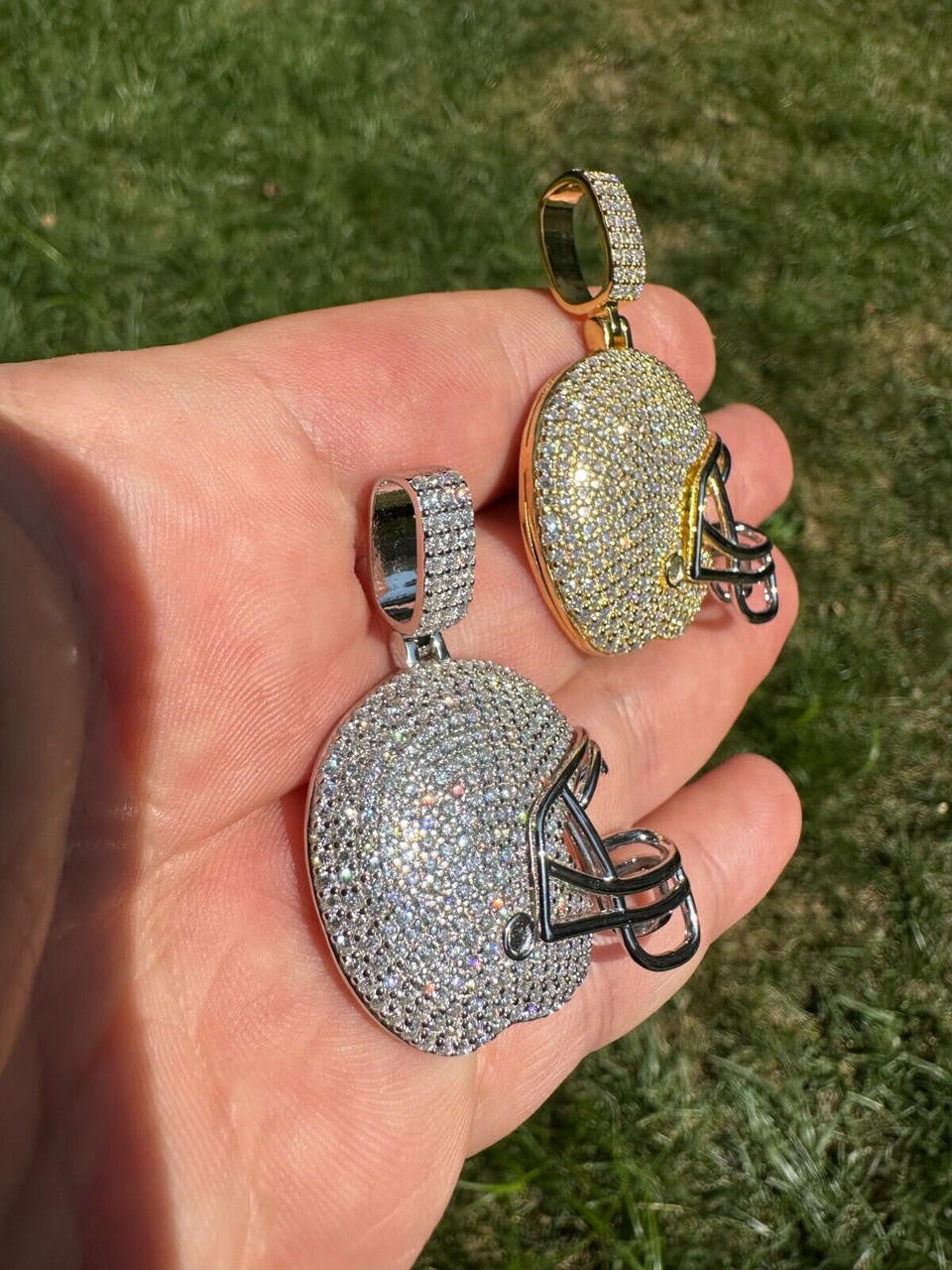 MOISSANITE Football Helmet Iced Out Pendant - 14k Gold Vermeil Or 925 Silver - Small 1.5"