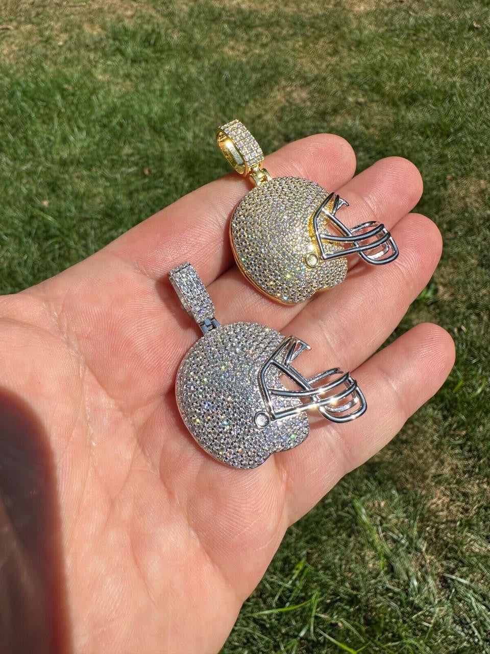 MOISSANITE Football Helmet Iced Out Pendant - 14k Gold Vermeil Or 925 Silver - Small 1.5"