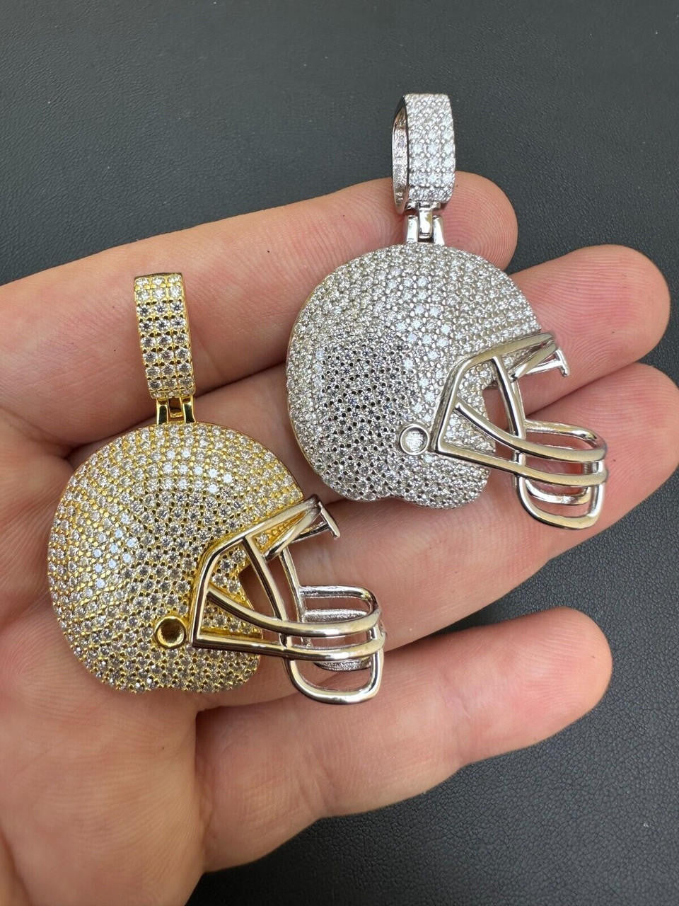 MOISSANITE Football Helmet Iced Out Pendant - 14k Gold Vermeil Or 925 Silver - Small 1.5"