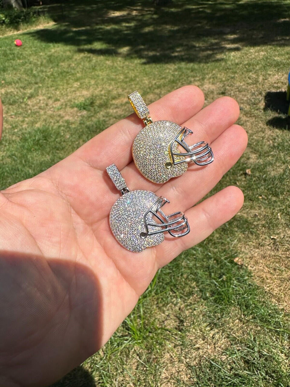MOISSANITE Football Helmet Iced Out Pendant - 14k Gold Vermeil Or 925 Silver - Small 1.5"
