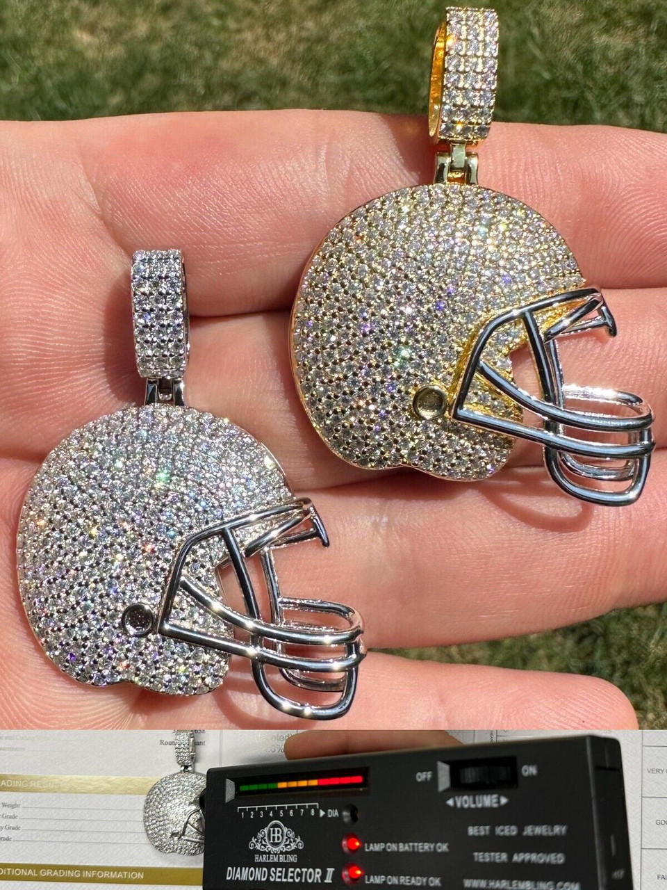 MOISSANITE Football Helmet Iced Out Pendant - 14k Gold Vermeil Or 925 Silver - Small 1.5"