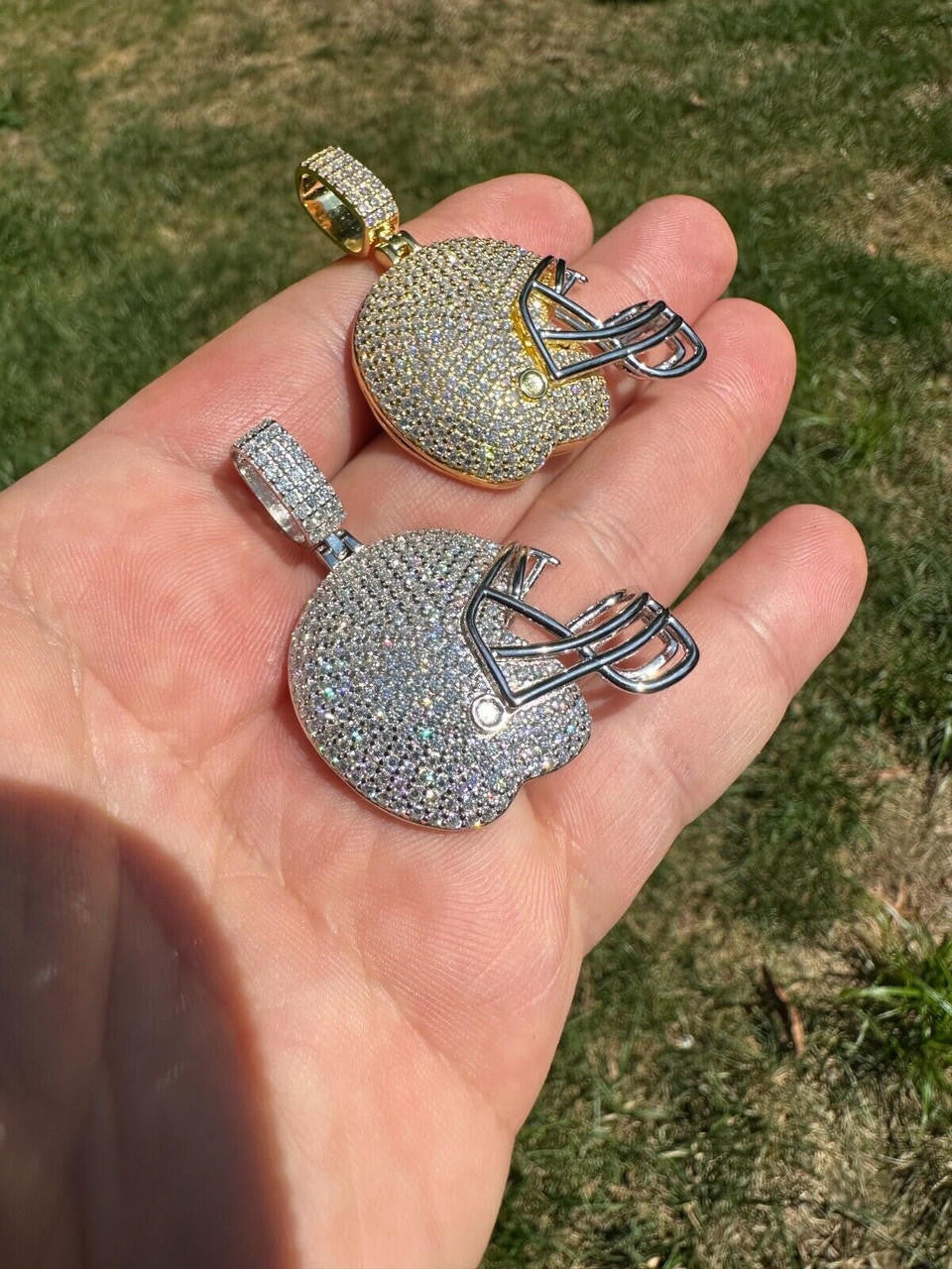 MOISSANITE Football Helmet Iced Out Pendant - 14k Gold Vermeil Or 925 Silver - Small 1.5"