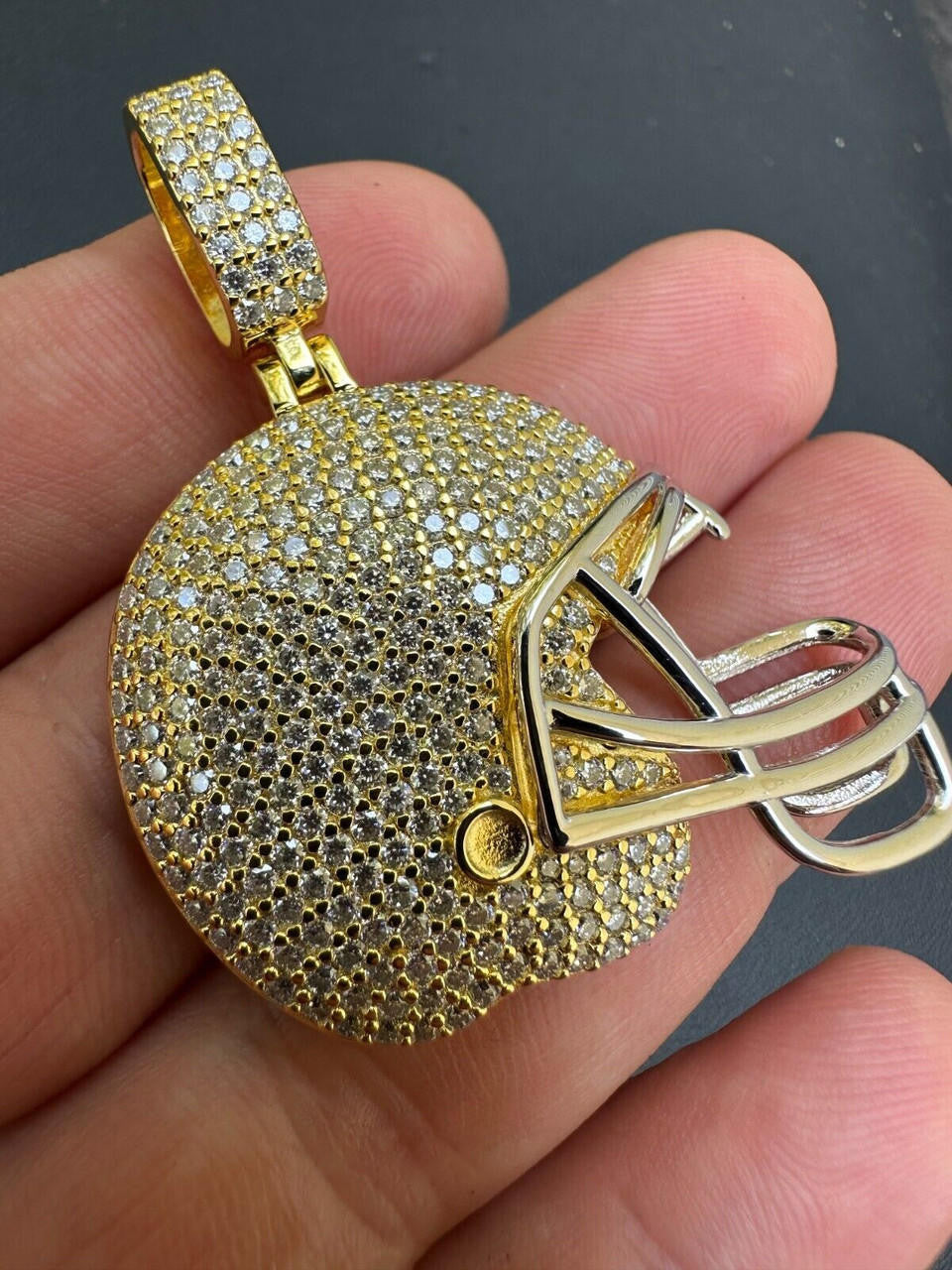 MOISSANITE Football Helmet Iced Out Pendant - 14k Gold Vermeil Or 925 Silver - Small 1.5"