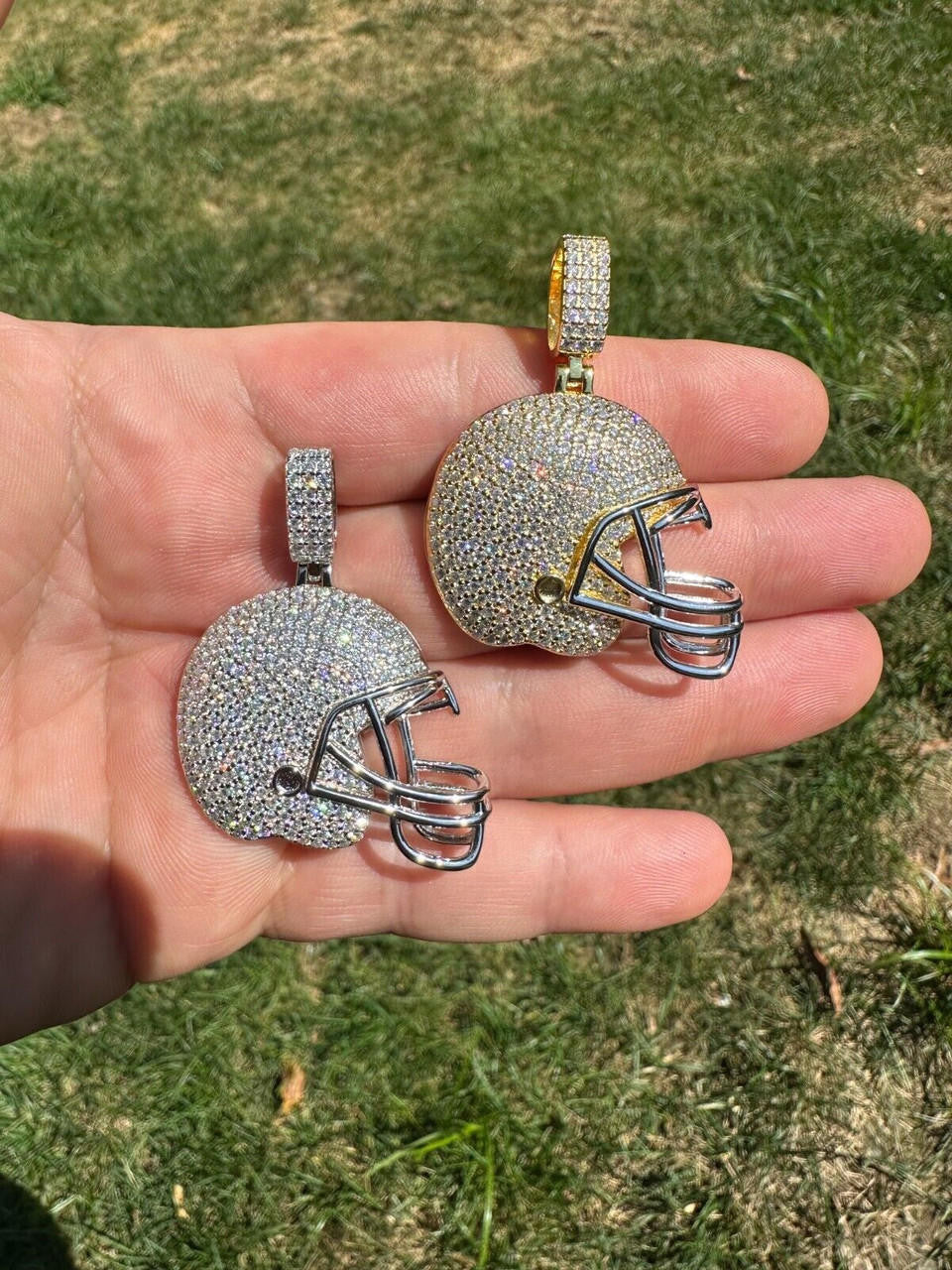 MOISSANITE Football Helmet Iced Out Pendant - 14k Gold Vermeil Or 925 Silver - Small 1.5"