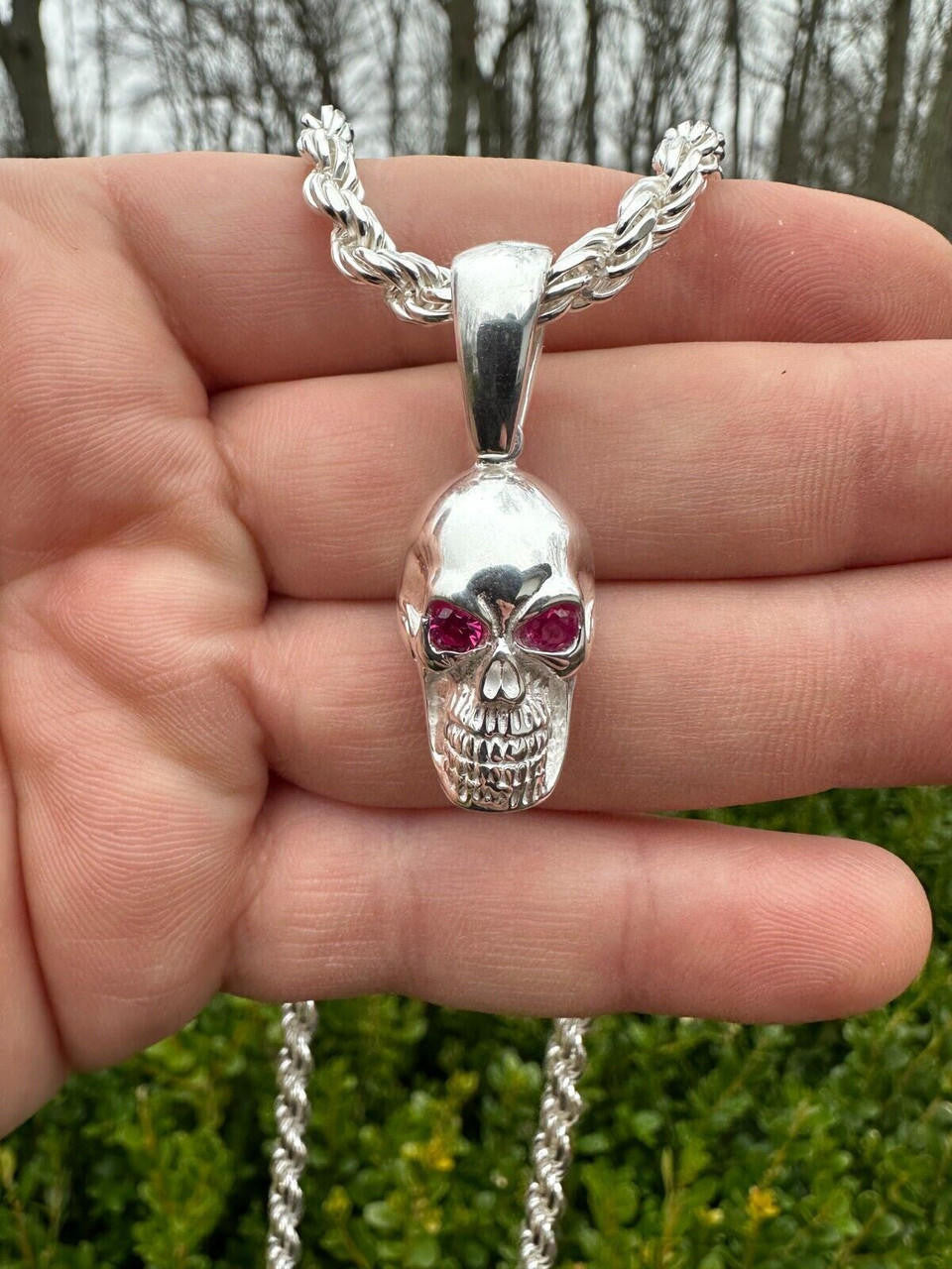 Real Solid 925 Silver Skull W. Red Eyes Pendant Men Or Ladies Emo Goth Necklace