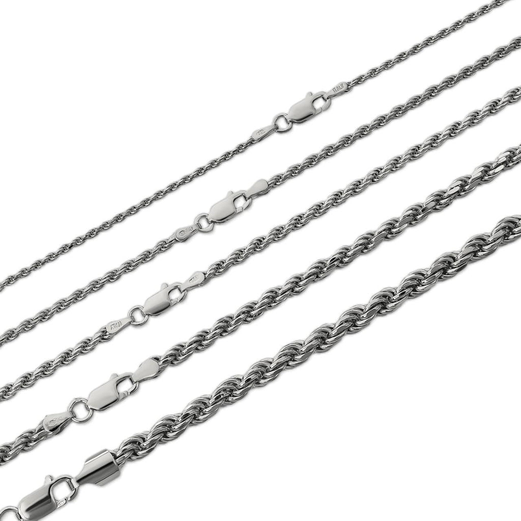 Rope Chain Necklace -  Rhodium Finish 925 Sterling Silver - 16"-30" - 1.5mm-6mm