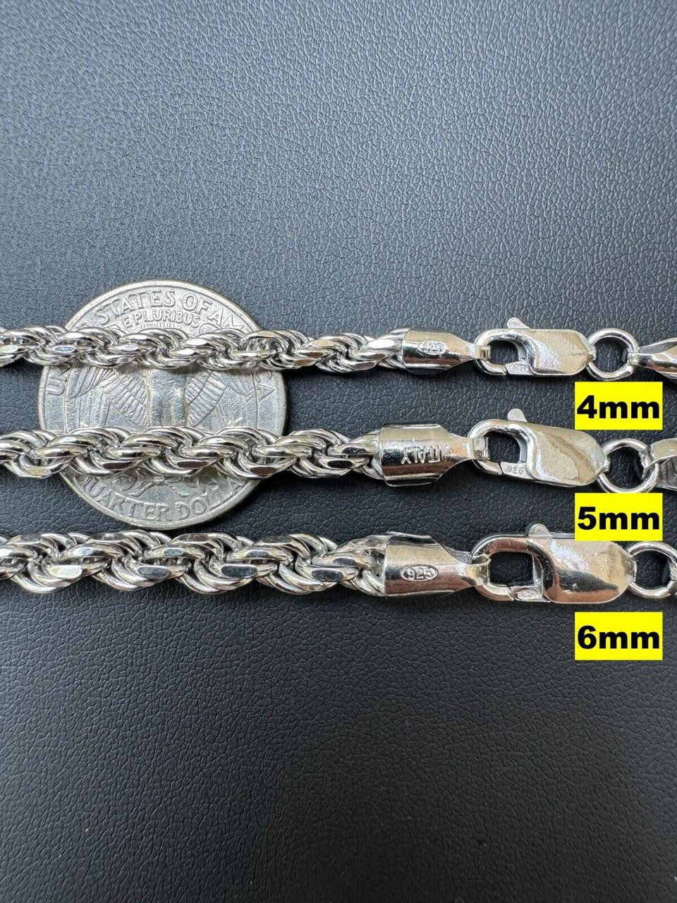 Rope Chain Necklace -  Rhodium Finish 925 Sterling Silver - 16"-30" - 1.5mm-6mm
