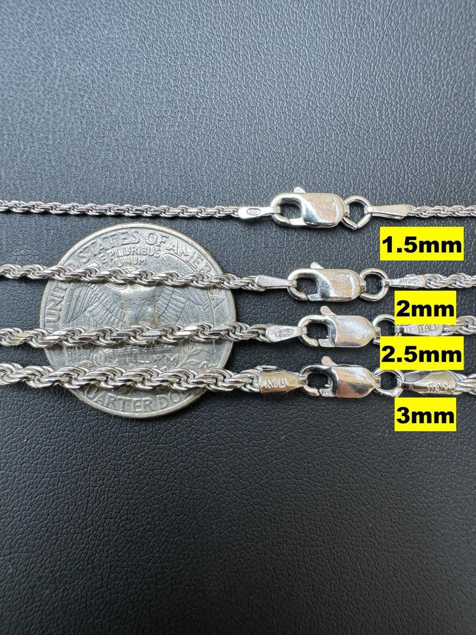 Rope Chain Necklace -  Rhodium Finish 925 Sterling Silver - 16"-30" - 1.5mm-6mm