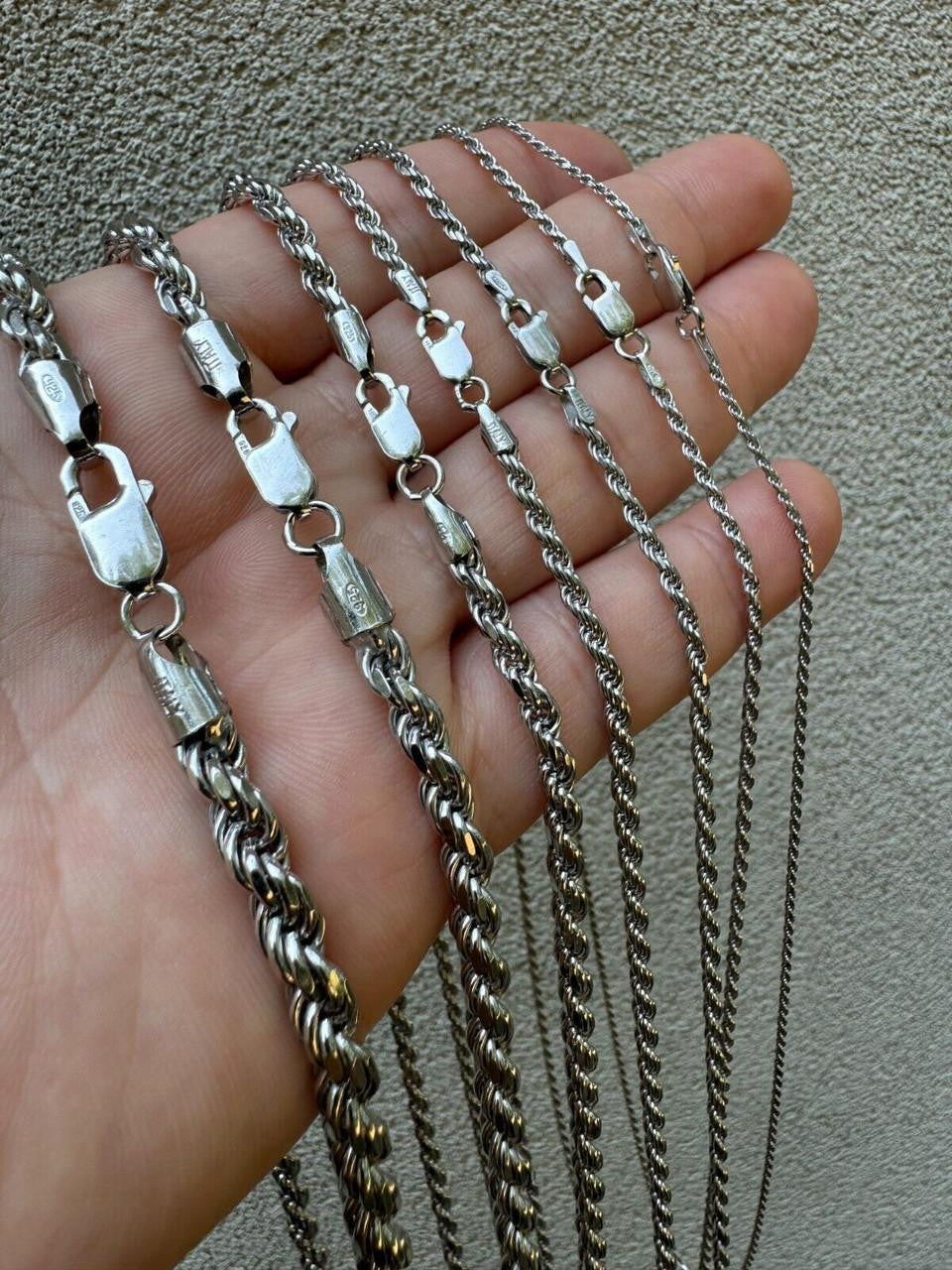 Rope Chain Necklace -  Rhodium Finish 925 Sterling Silver - 16"-30" - 1.5mm-6mm
